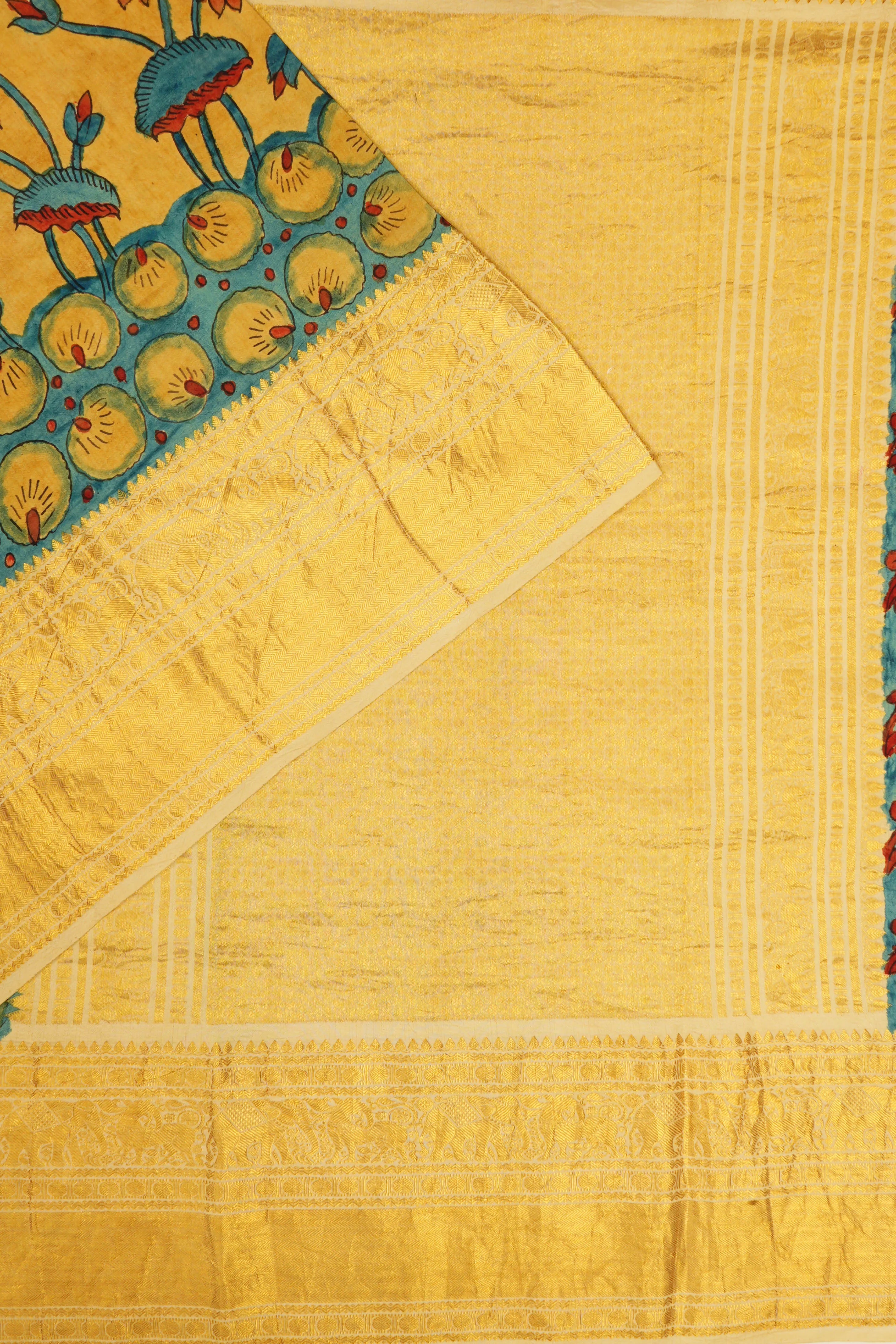 Kanchipuram Silk Hand Painted Kalamkari Yellow Saree