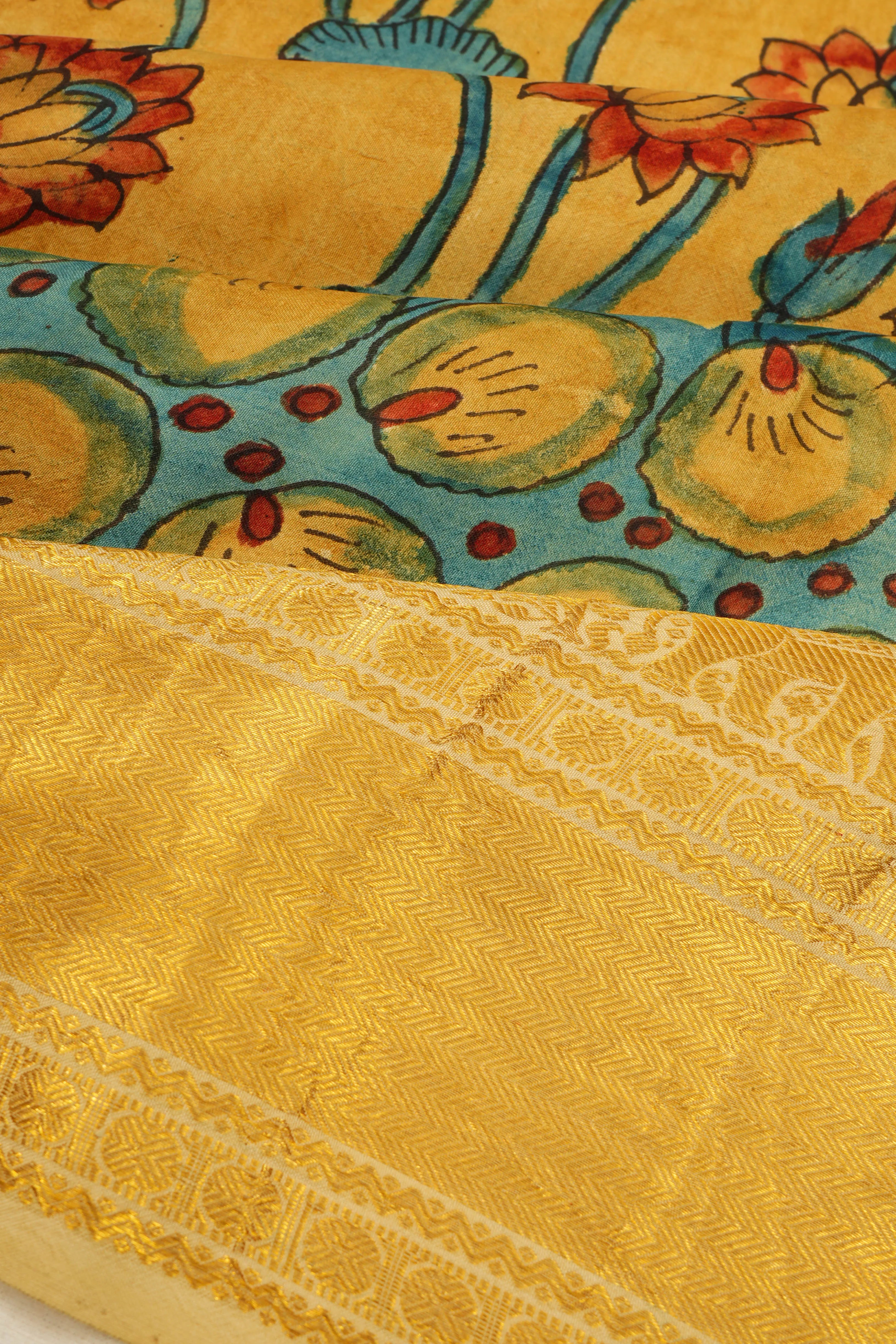 Kanchipuram Silk Hand Painted Kalamkari Yellow Saree