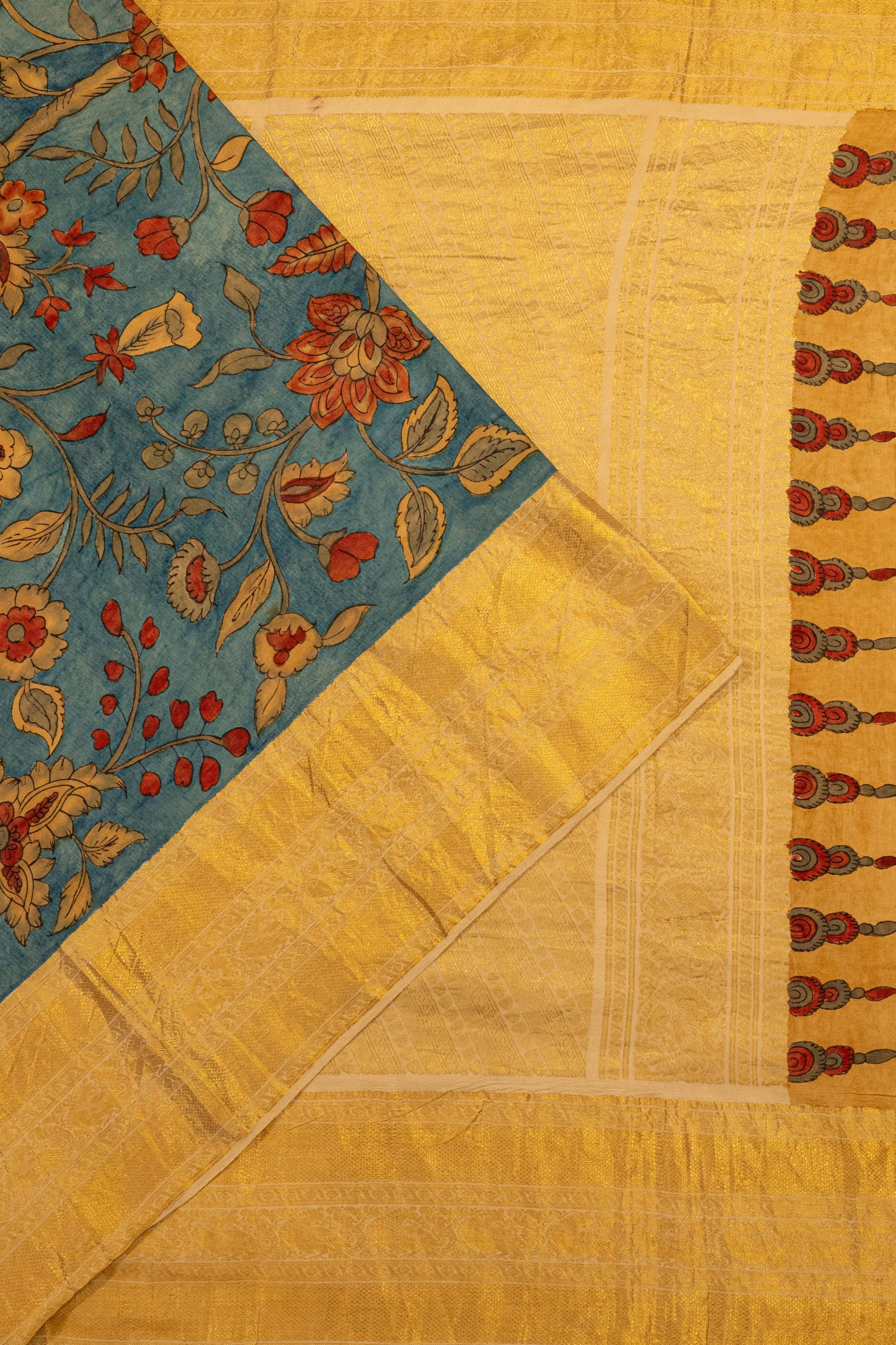 Kanchipuram Silk Kalamkari Hand Painted Blue Saree