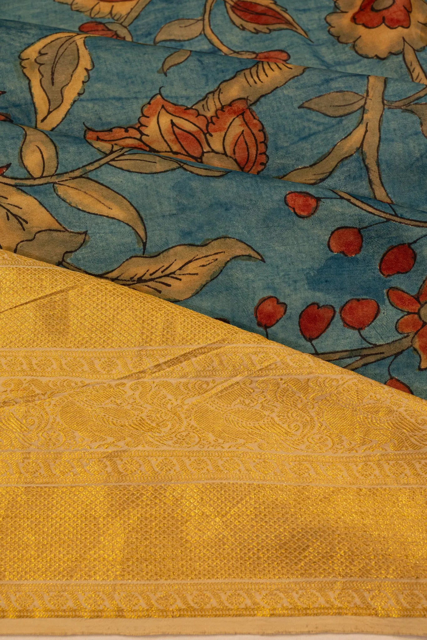 Kanchipuram Silk Kalamkari Hand Painted Blue Saree