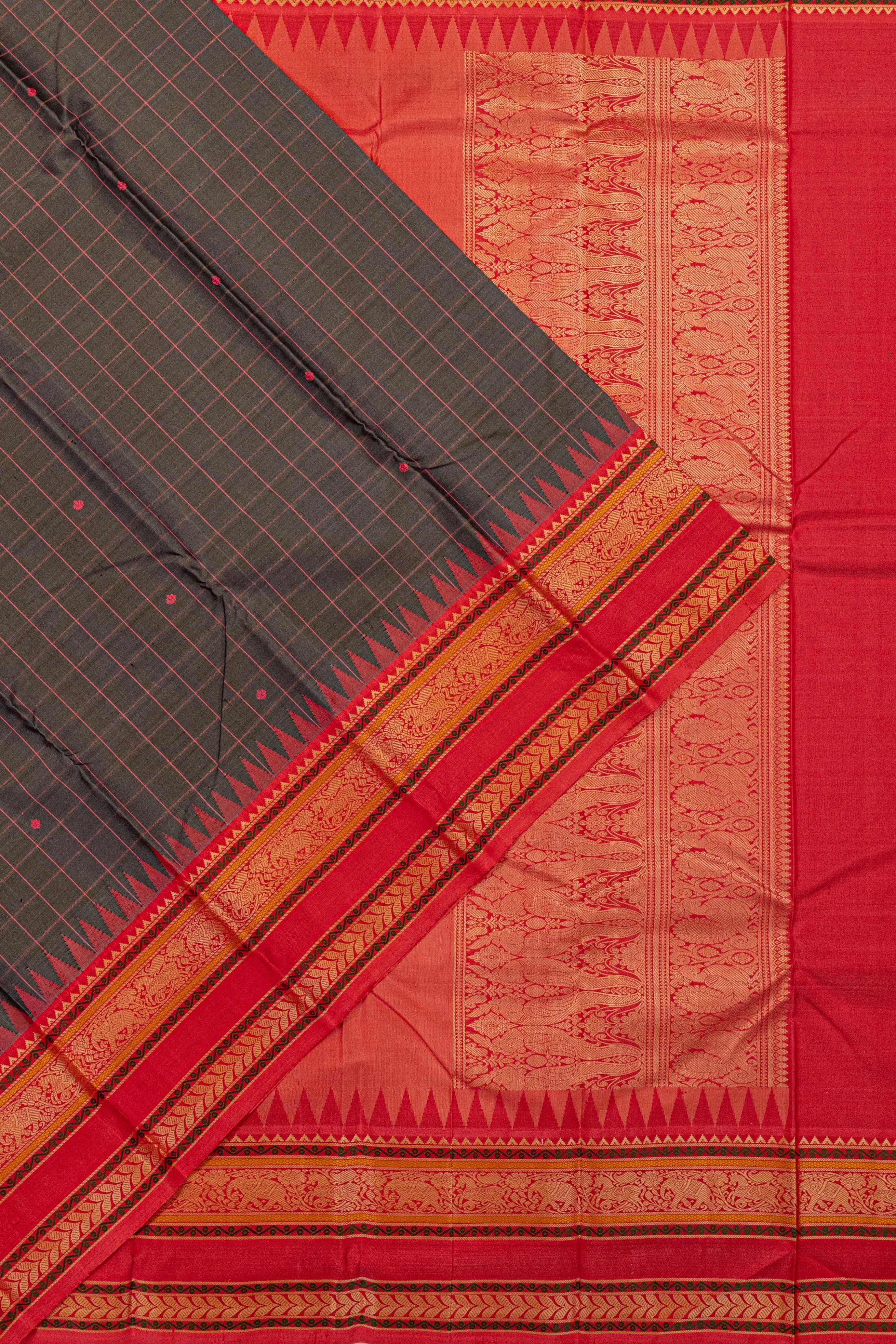 Classic Kanchipuram Silk Checks And Butta Black Saree