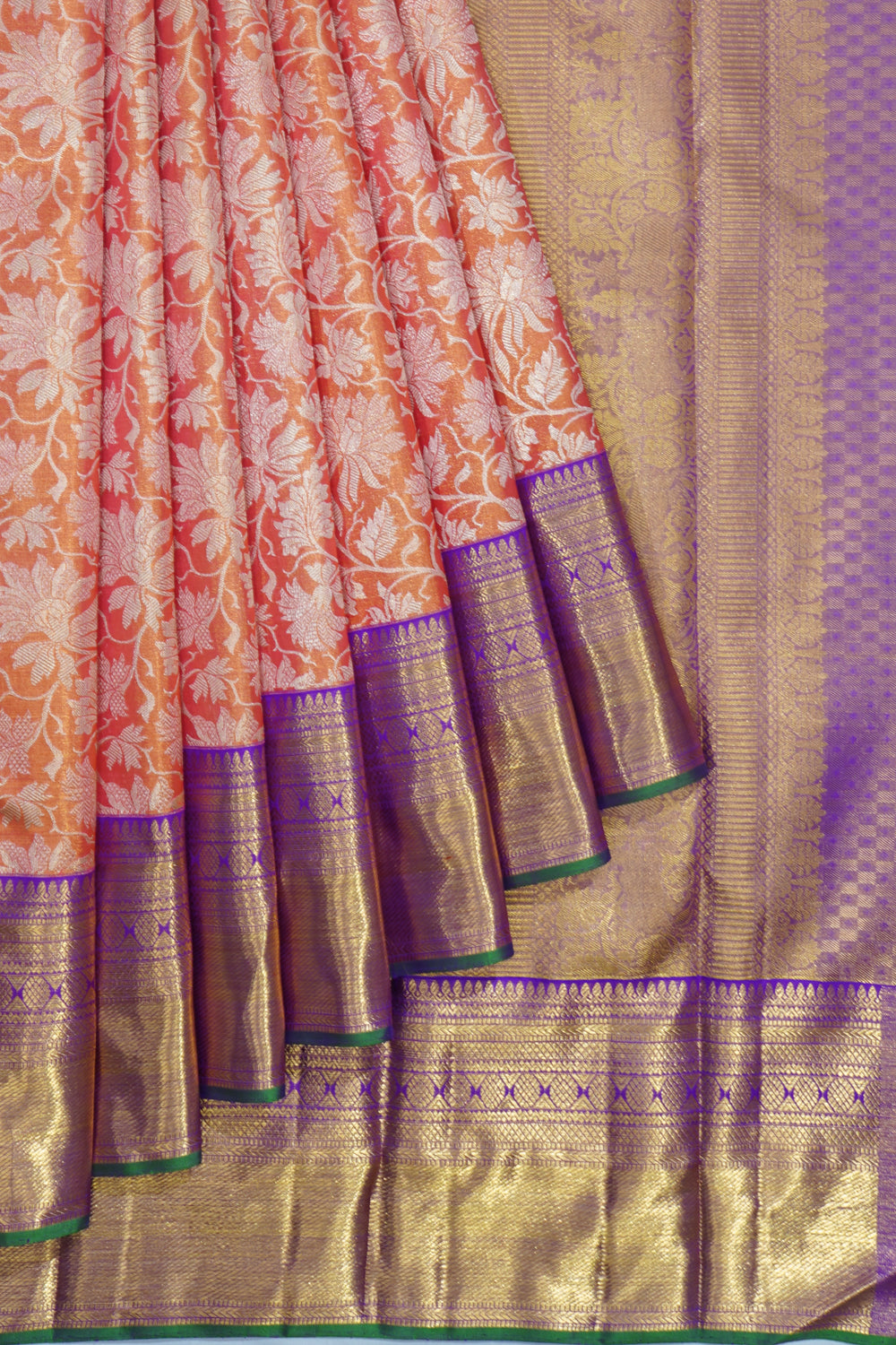 Kanchipuram Silk Tissue Jaal Orange Saree