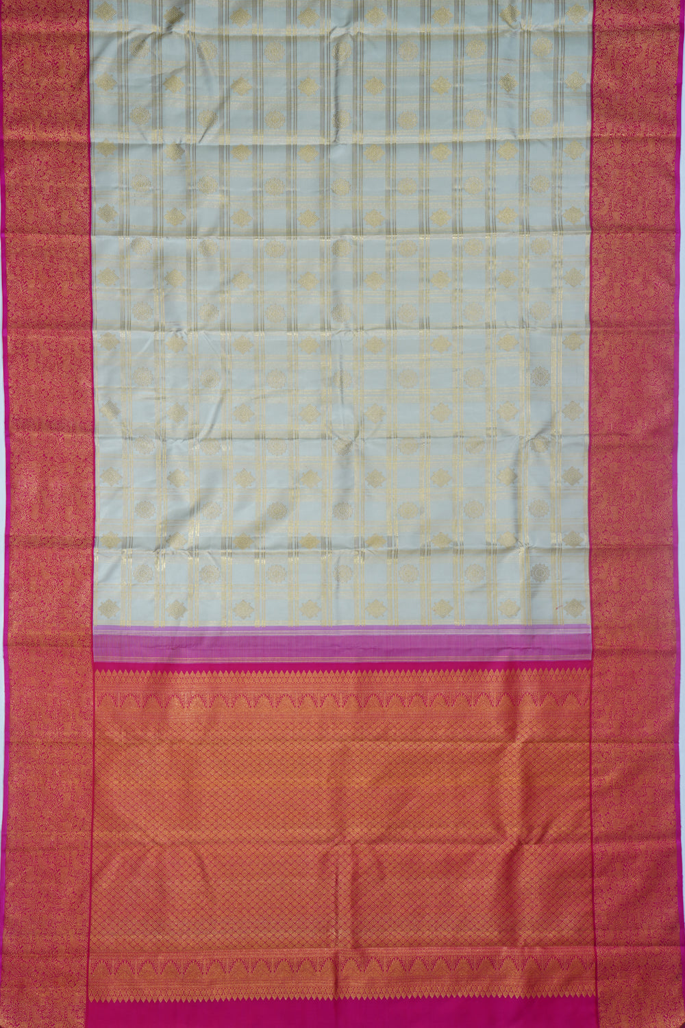 Kanchipuram Silk Checks And Butta Pastel Grey Saree