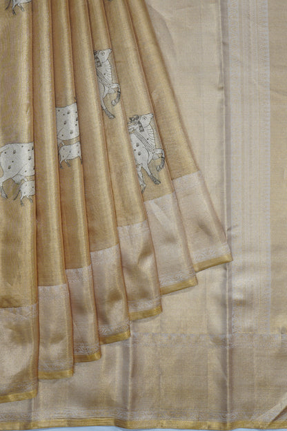 Kanchipuram Silk Tissue Pichwai Butta Gold Saree