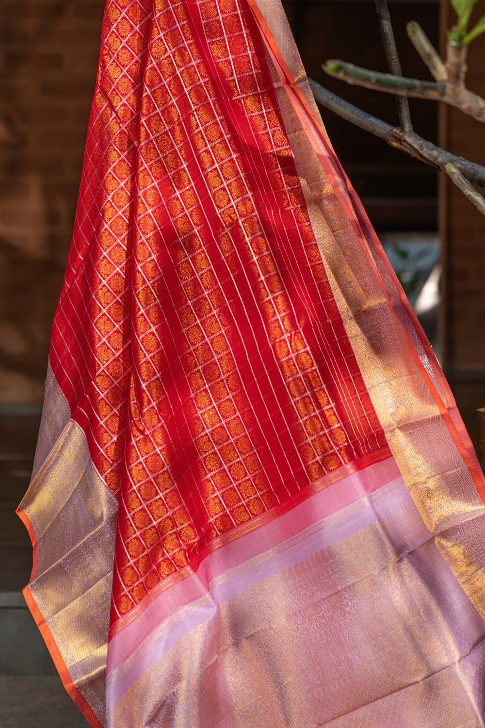 Kanchipuram Silk Checks And Butta Red Saree
