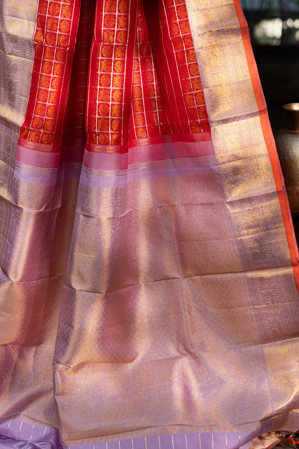 Kanchipuram Silk Checks And Butta Red Saree