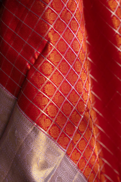 Kanchipuram Silk Checks And Butta Red Saree