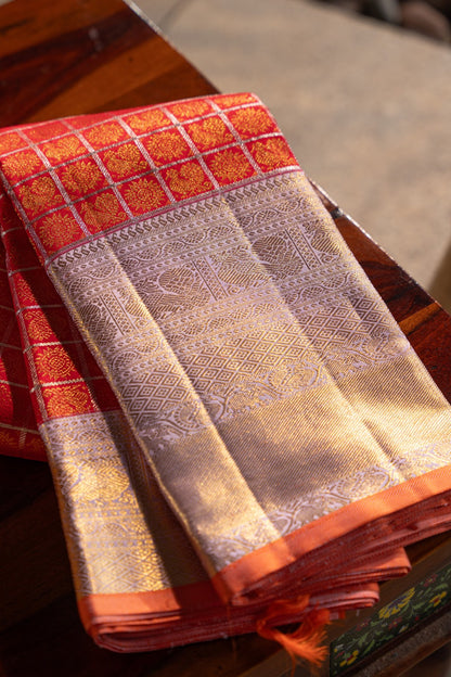 Kanchipuram Silk Checks And Butta Red Saree