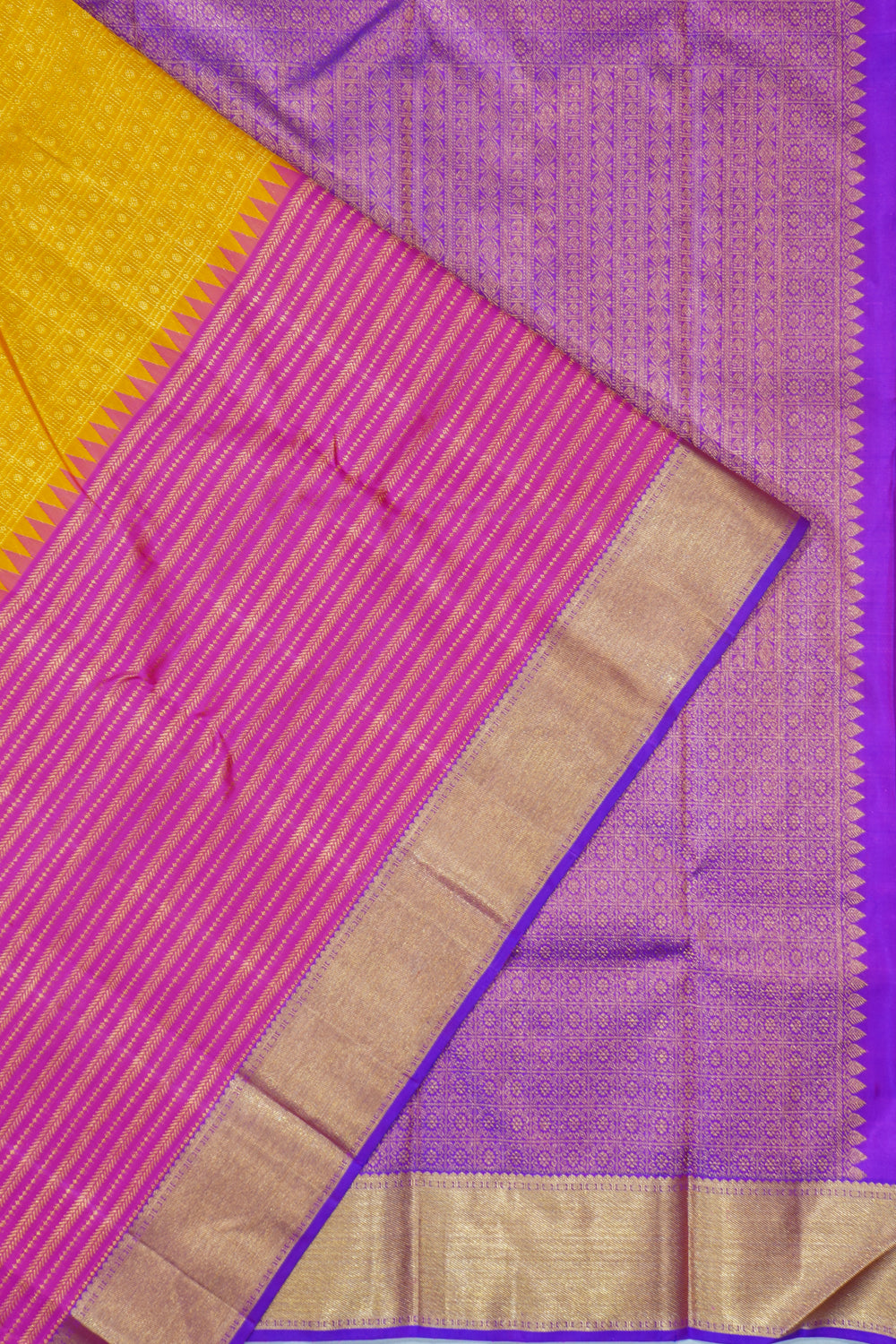 Kanchipuram Silk Checks And Butta Yellow And Pink Saree With Skirt Border