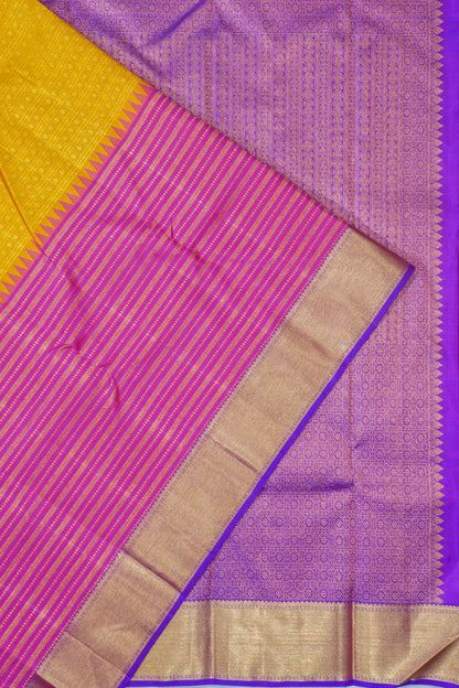 Kanchipuram Silk Checks And Butta Yellow And Pink Saree With Skirt Border