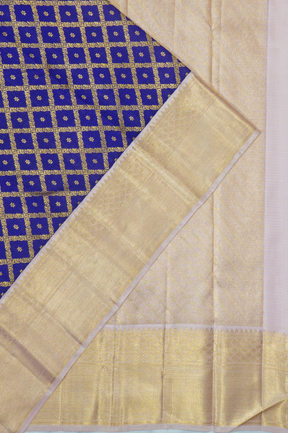 Kanchipuram Silk Criss Cross Checks And Butta Dark Blue Saree