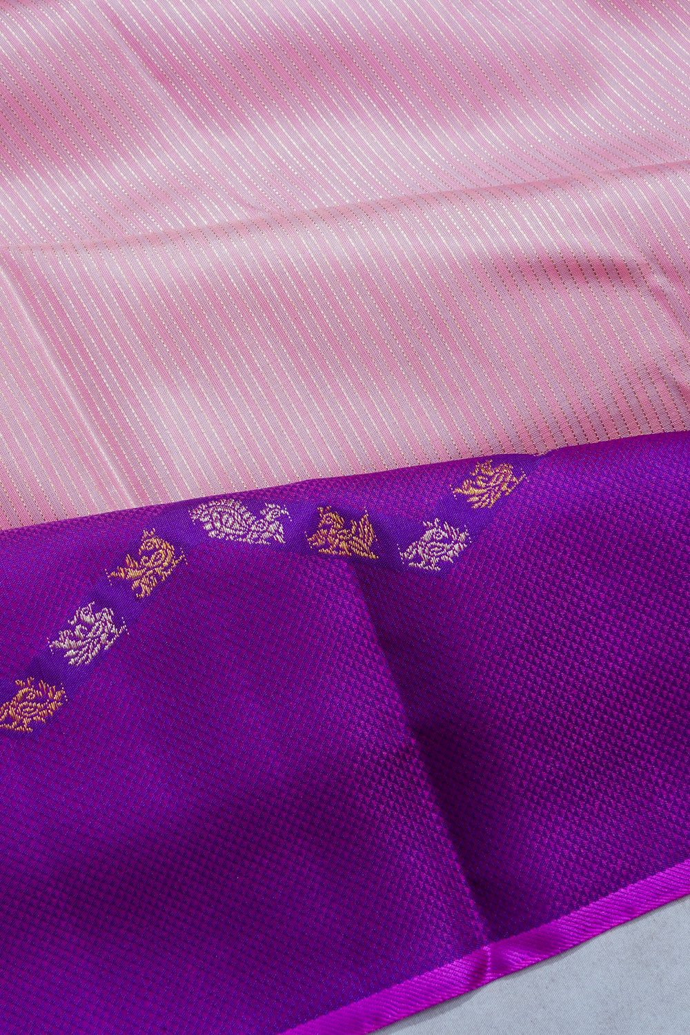 Kanchipuram Silk Vertical Lines Baby Pink Saree With Unique Border