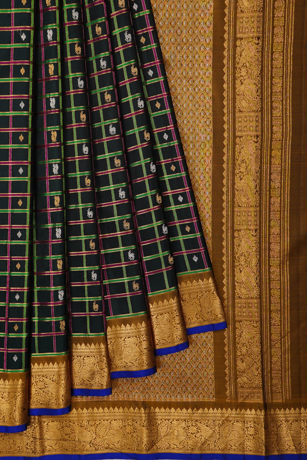 Kanchipuram Silk Checks Black Saree