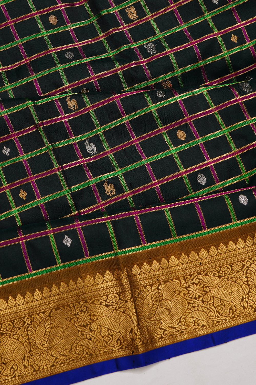 Kanchipuram Silk Checks Black Saree