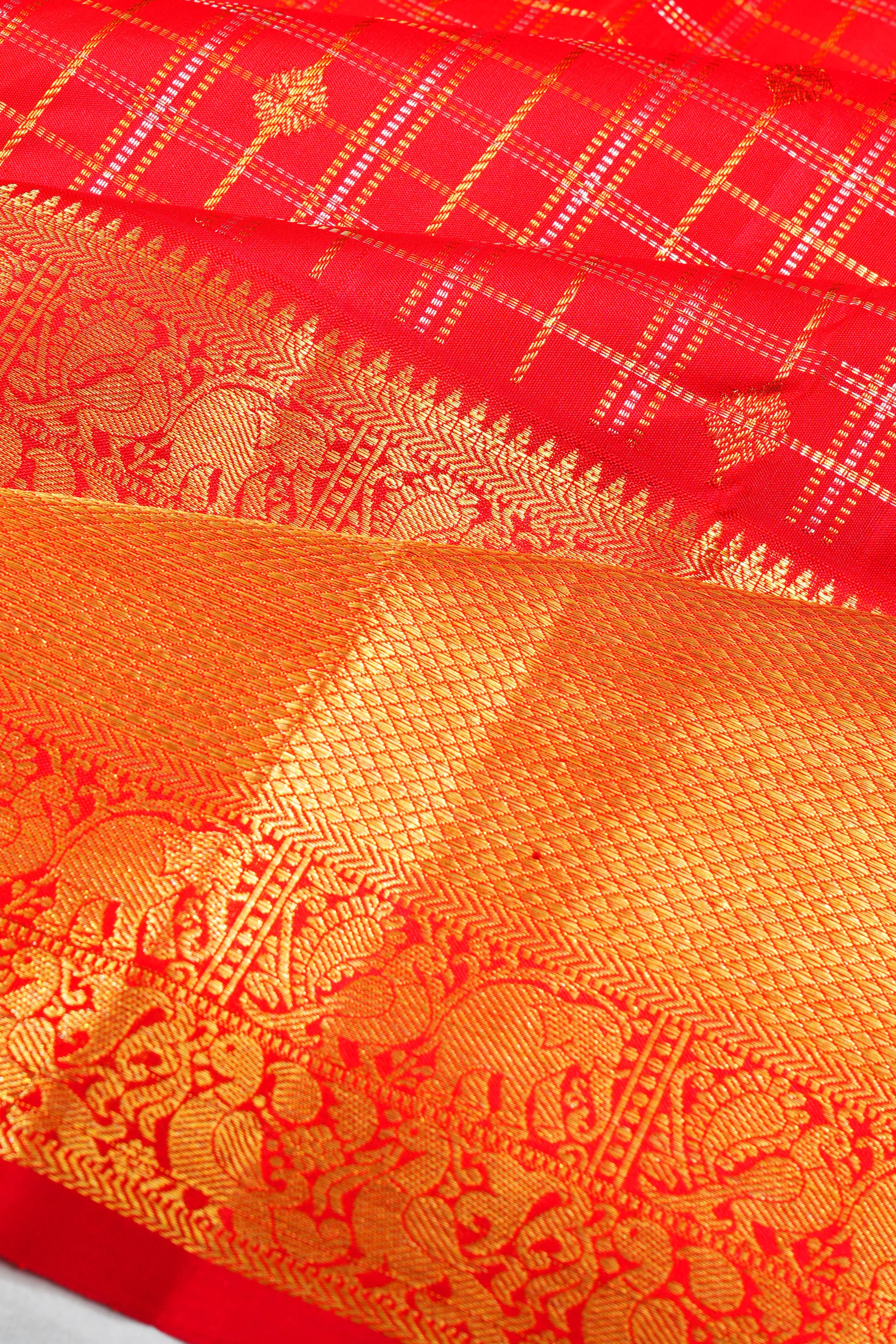 Kanchipuram Silk Checks And Butta Red Saree