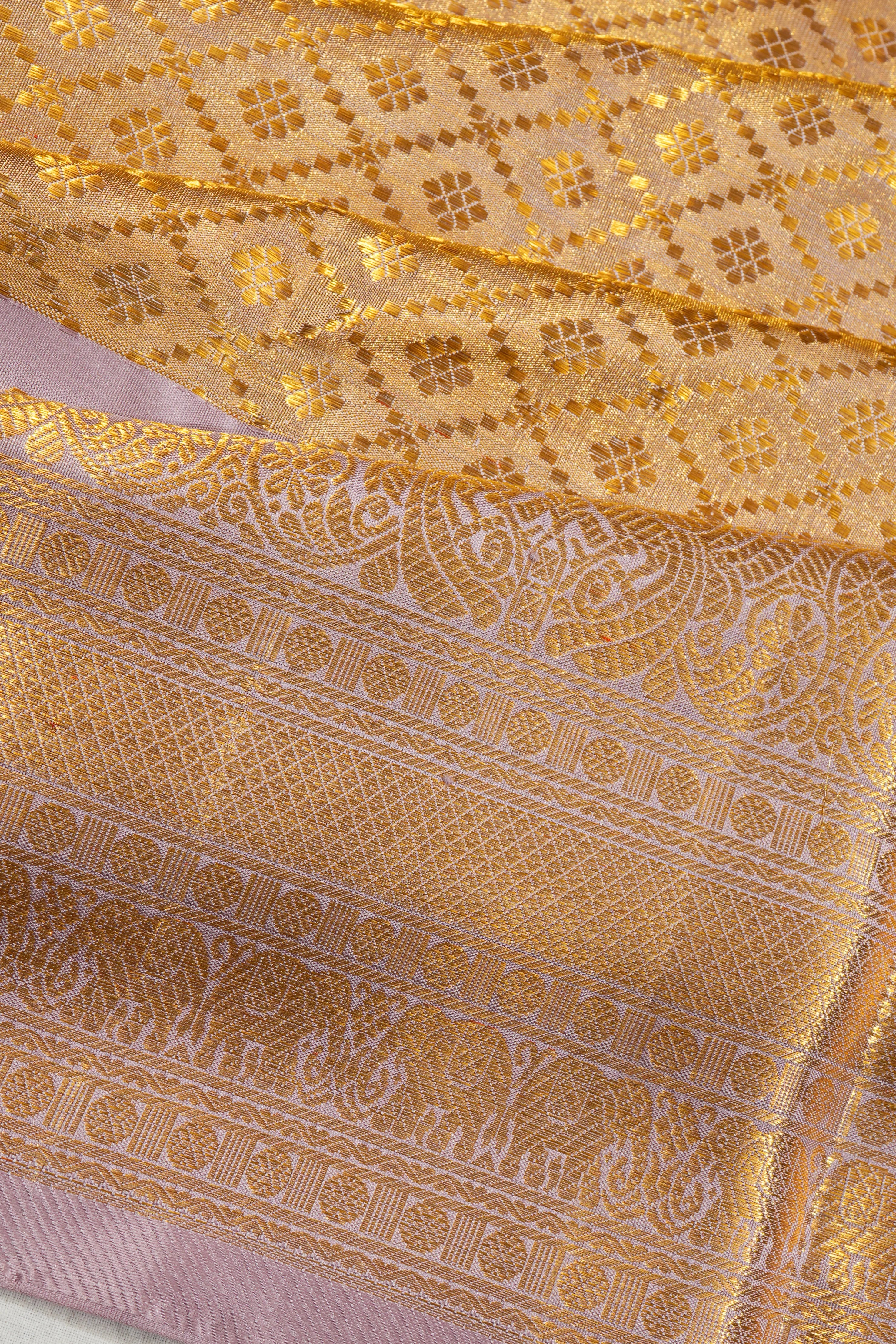 Kanchipuram Silk Tissue Criss Cross Checks And Butta Gold Saree