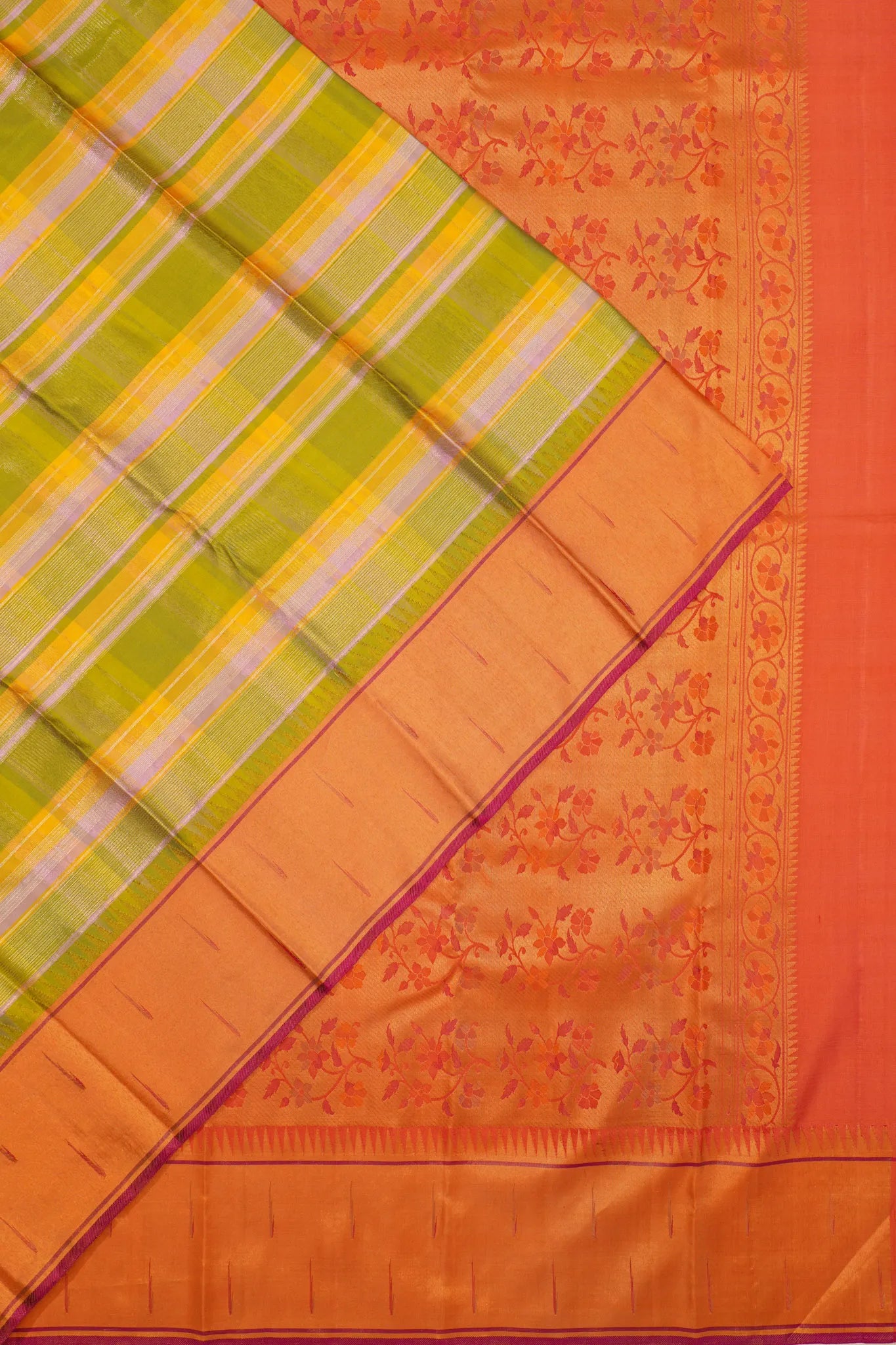 Kanchipuram Silk Tissue Horizontal Lines Parrot Green Saree