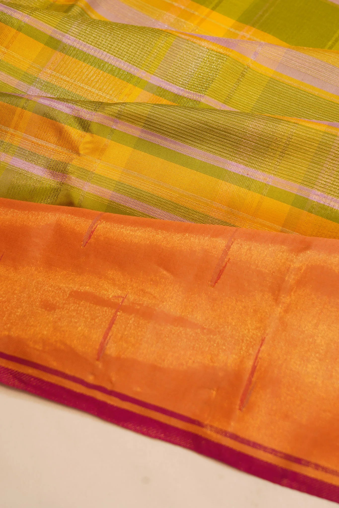 Kanchipuram Silk Tissue Horizontal Lines Parrot Green Saree
