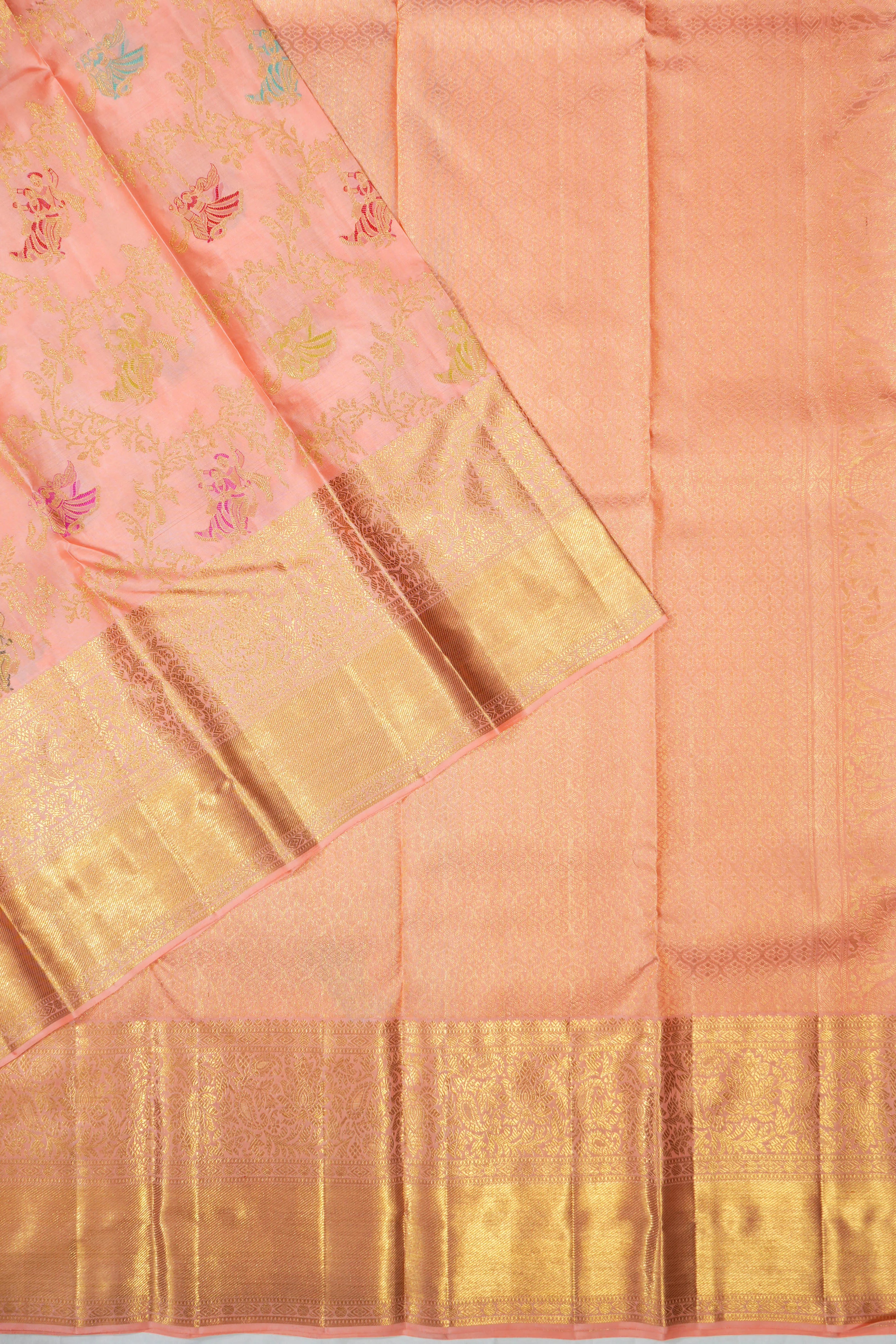 Kanchipuram Silk Jaal And Radha Krishna Motifs Butta Baby Pink Saree