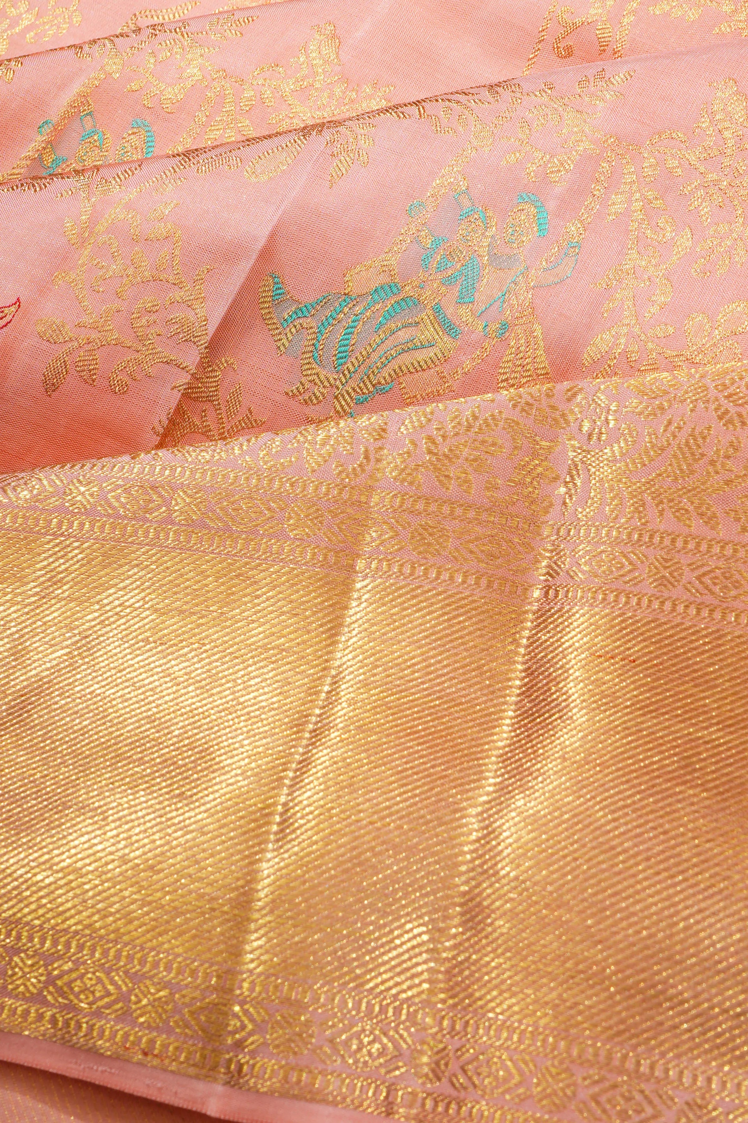 Kanchipuram Silk Jaal And Radha Krishna Motifs Butta Baby Pink Saree