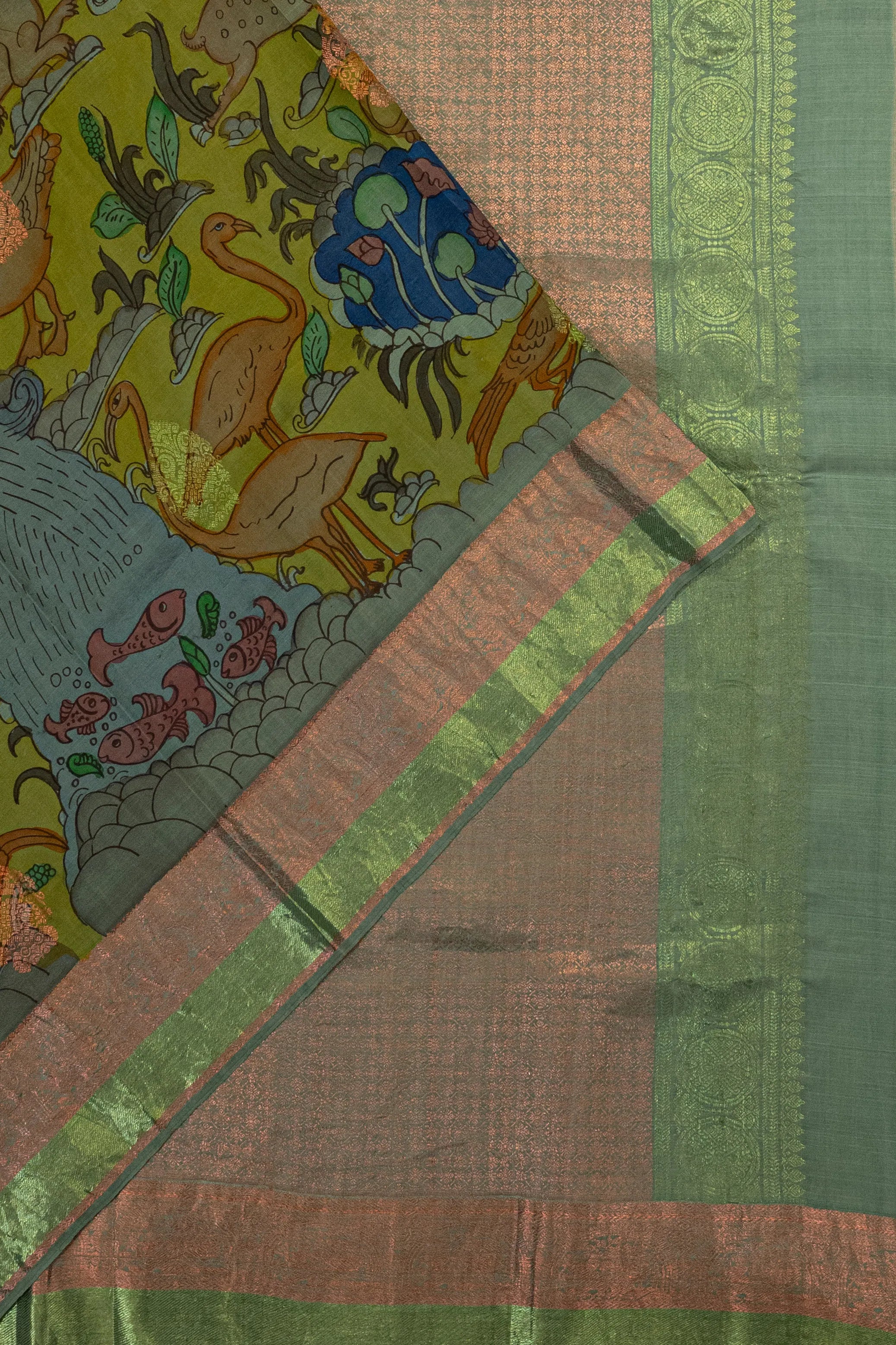 Kanchipuram Silk Kalamkari Hand Painted And Butta Yellow Saree