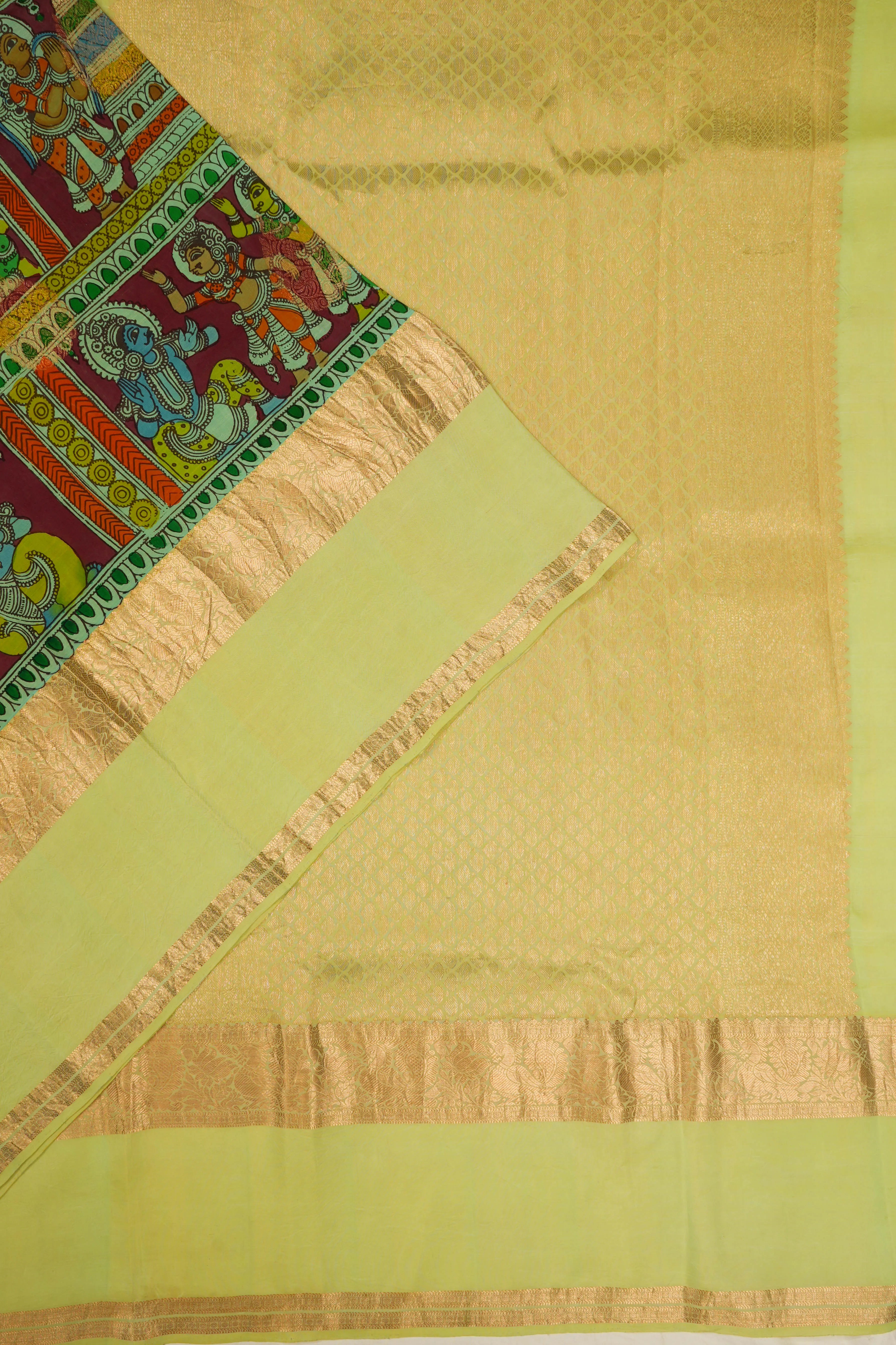 Kanchipuram Silk Kalamkari Hand Painted Pista Green Saree