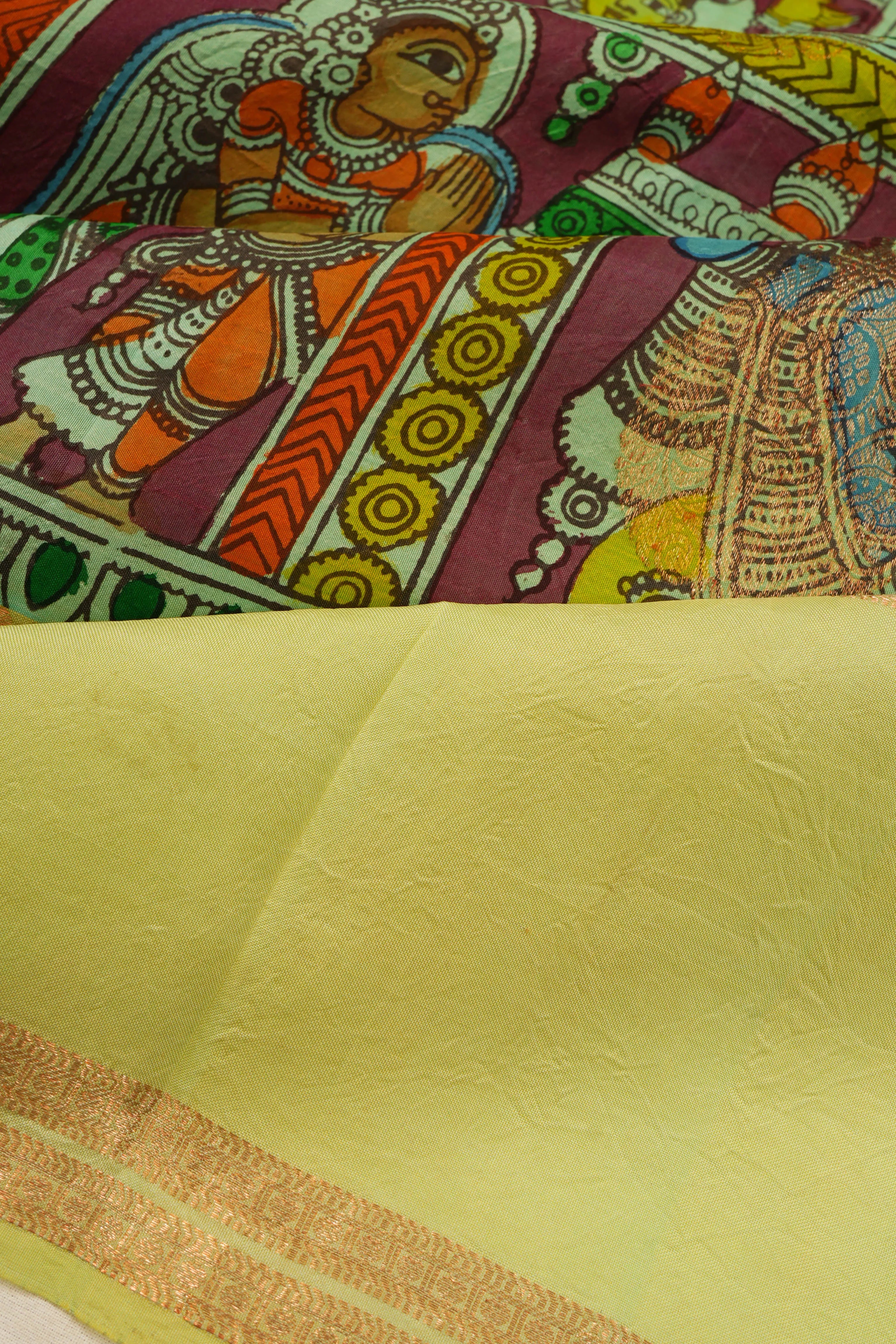 Kanchipuram Silk Kalamkari Hand Painted Pista Green Saree