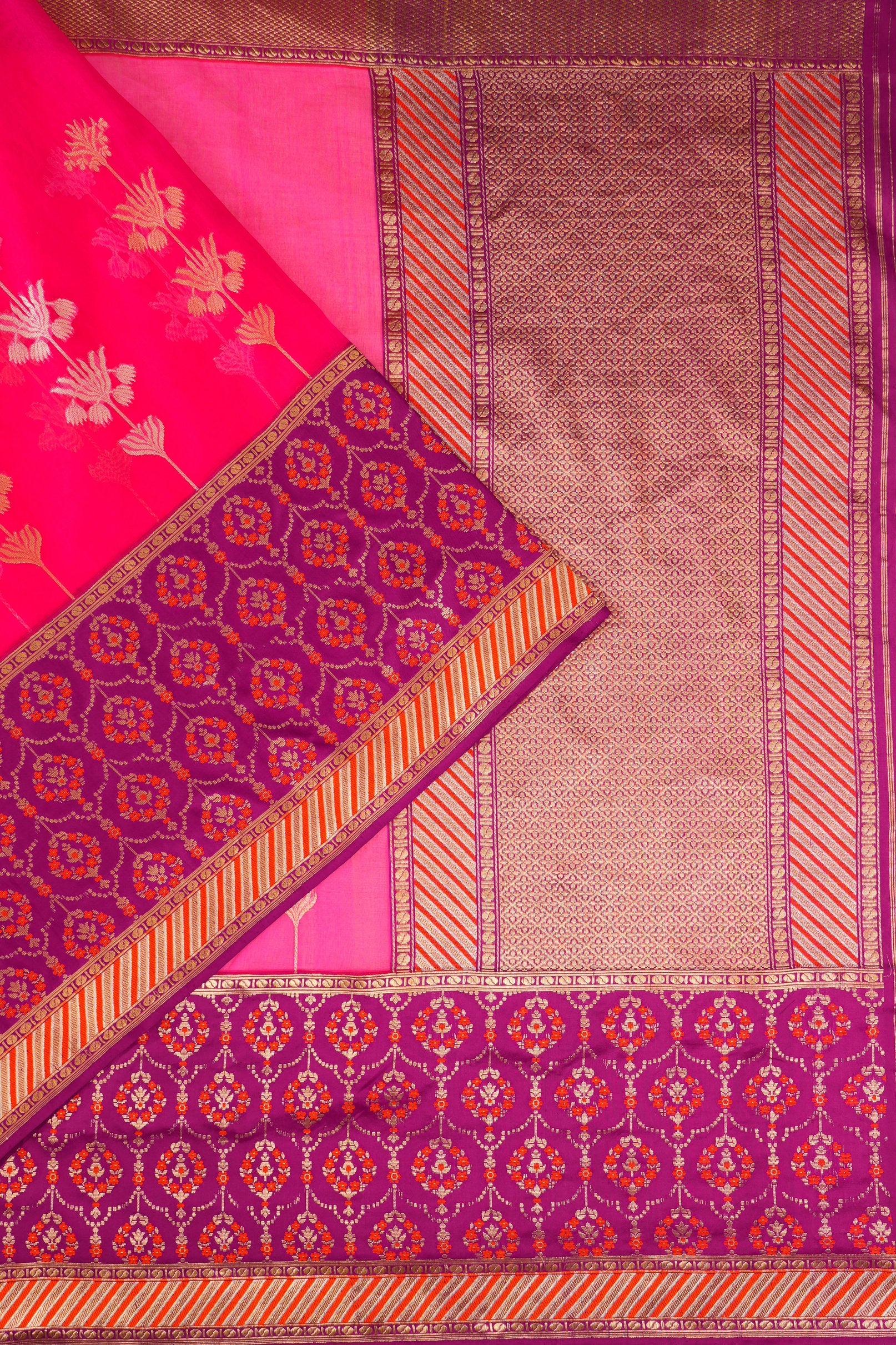 Banarasi Silk Plain Rani Pink Saree With Big Border