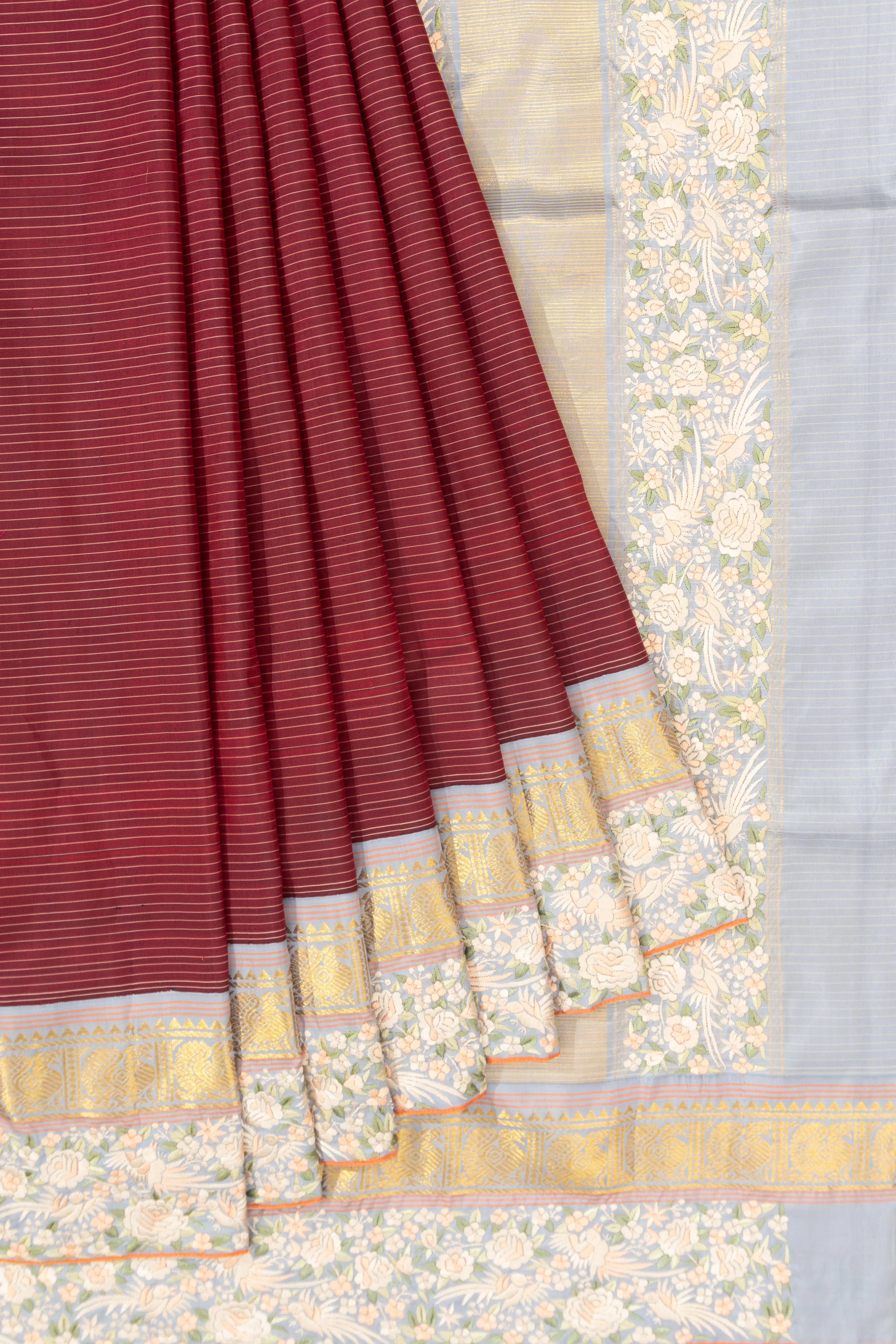 Parsi Gara X Kanchipuram Silk Horizontal Lines Maroon Saree