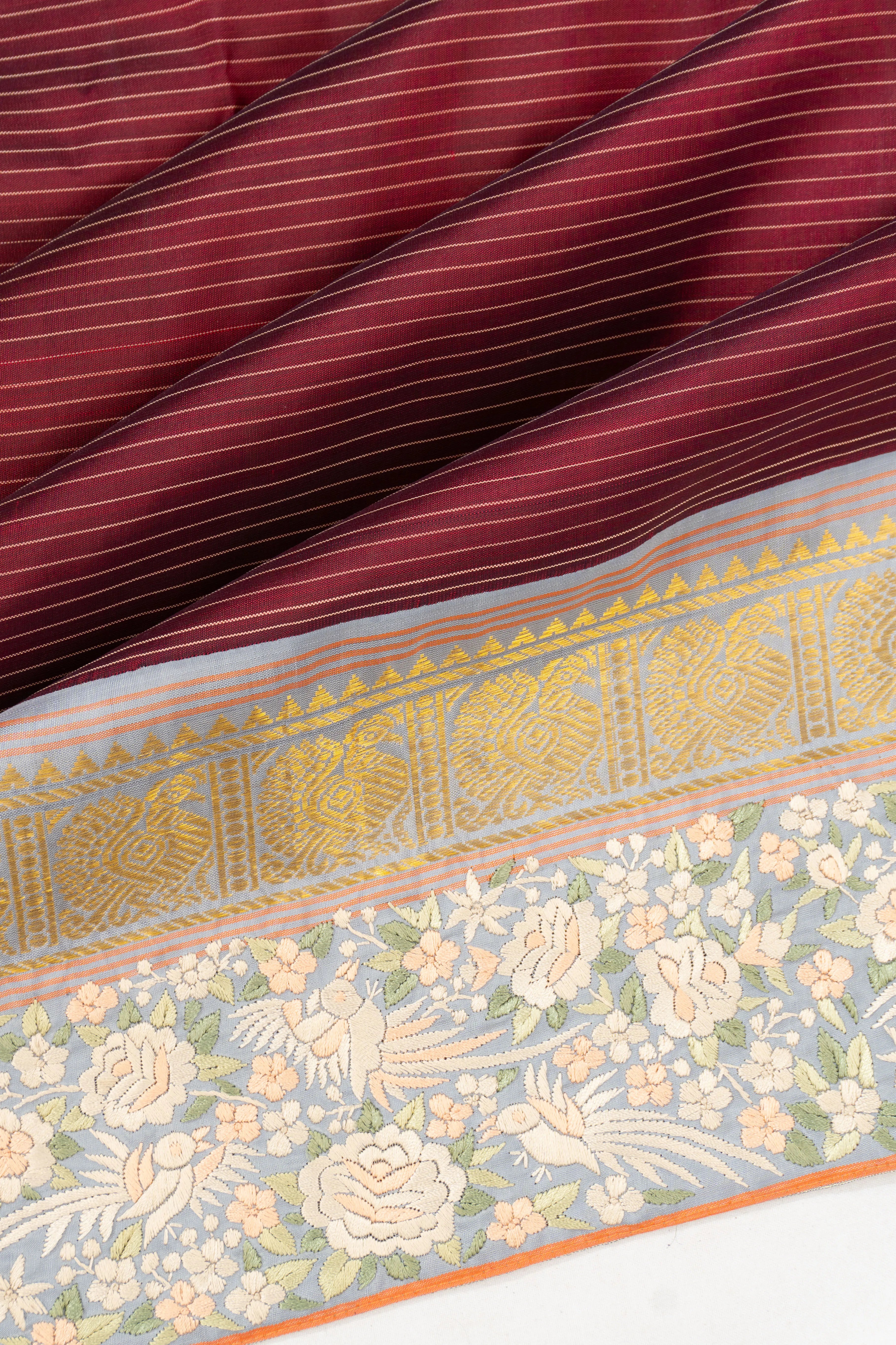 Parsi Gara X Kanchipuram Silk Horizontal Lines Maroon Saree