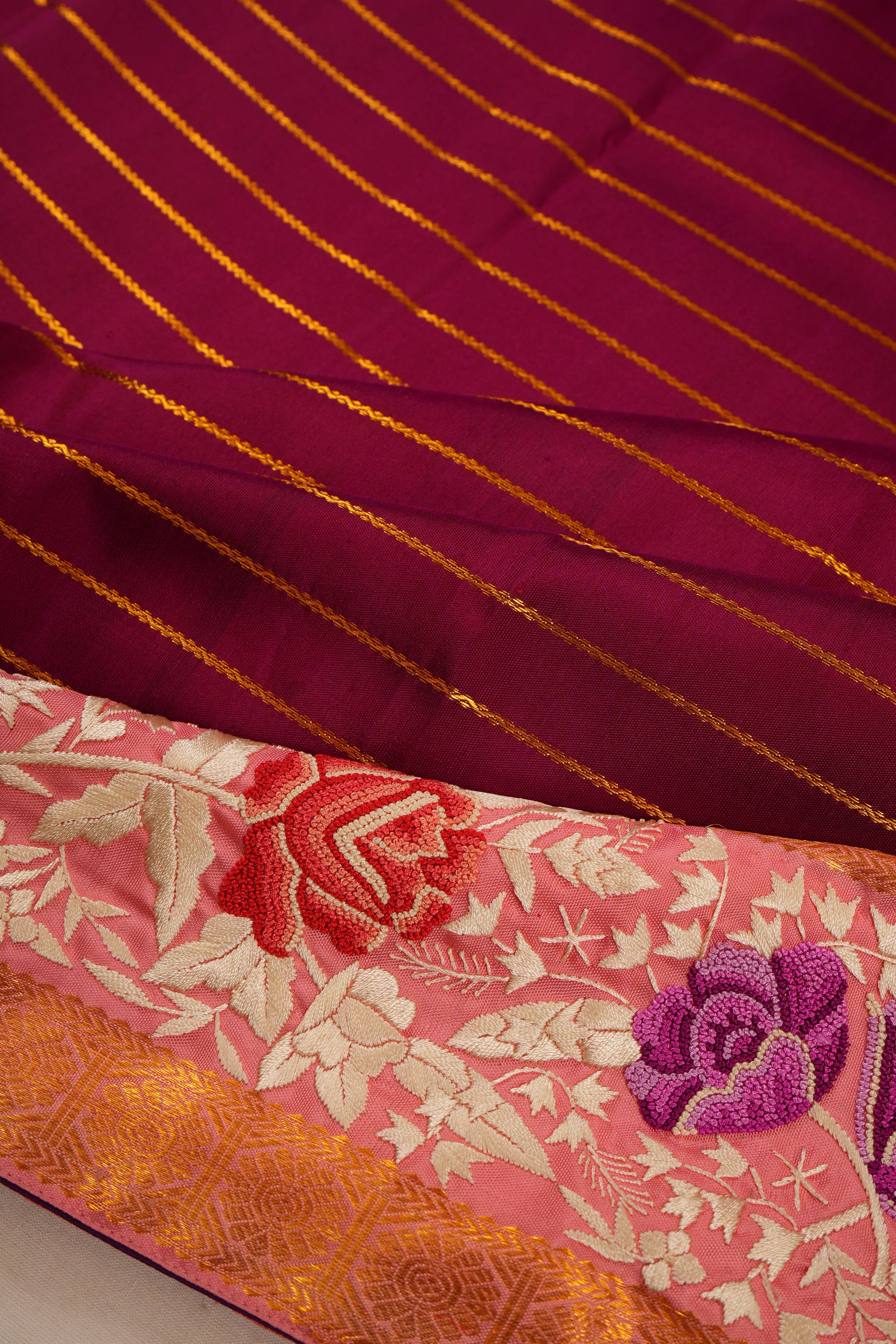 Kanchipuram Silk Horizntal Lines Maroon Saree With Embroidery Border
