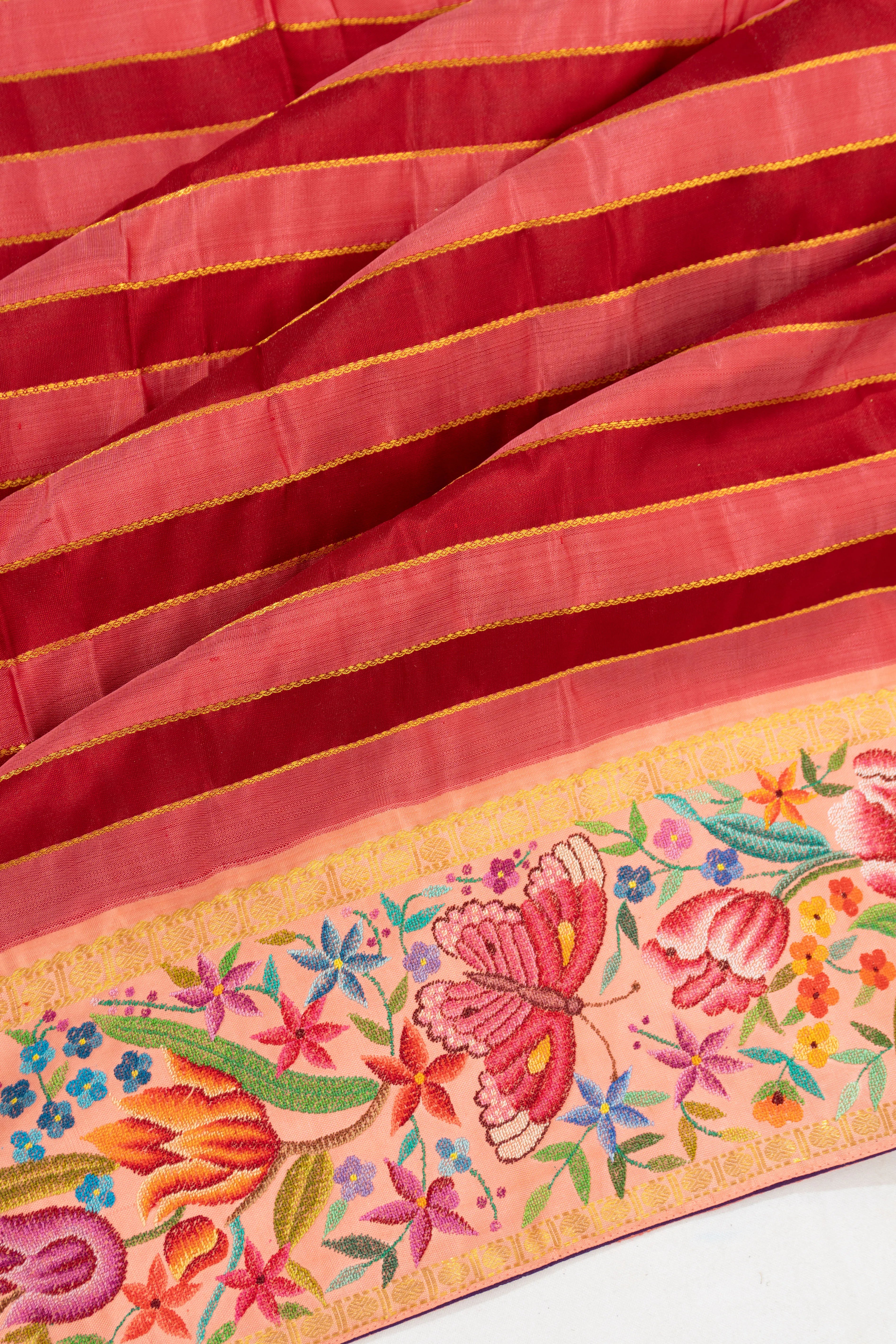 Petit Point X Kanchipuram Silk Horizontal Lines Pink And Maroon Saree