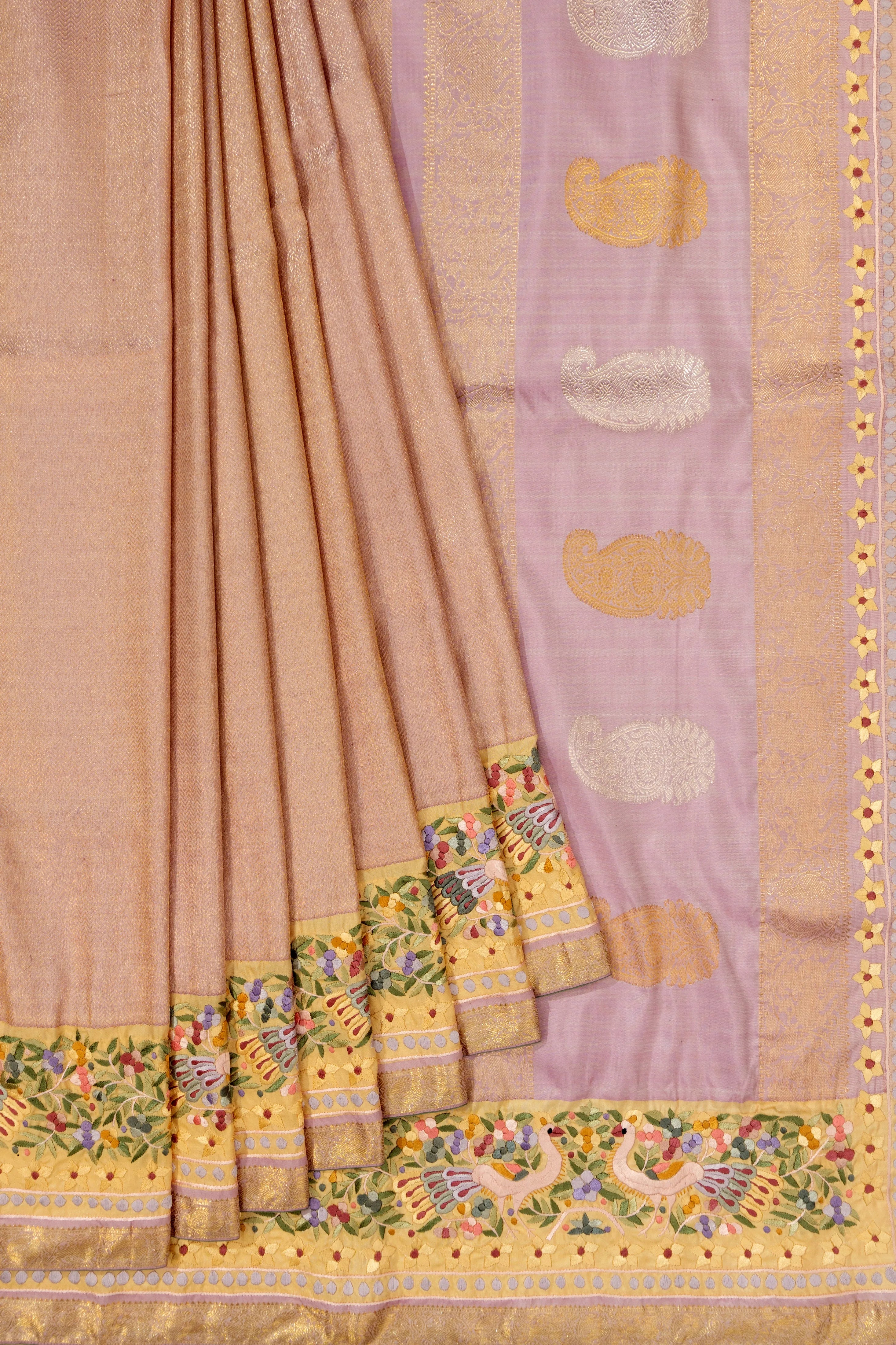 Parsi Gara X Kanchipuram Silk Tissue Brocade Lavender Saree