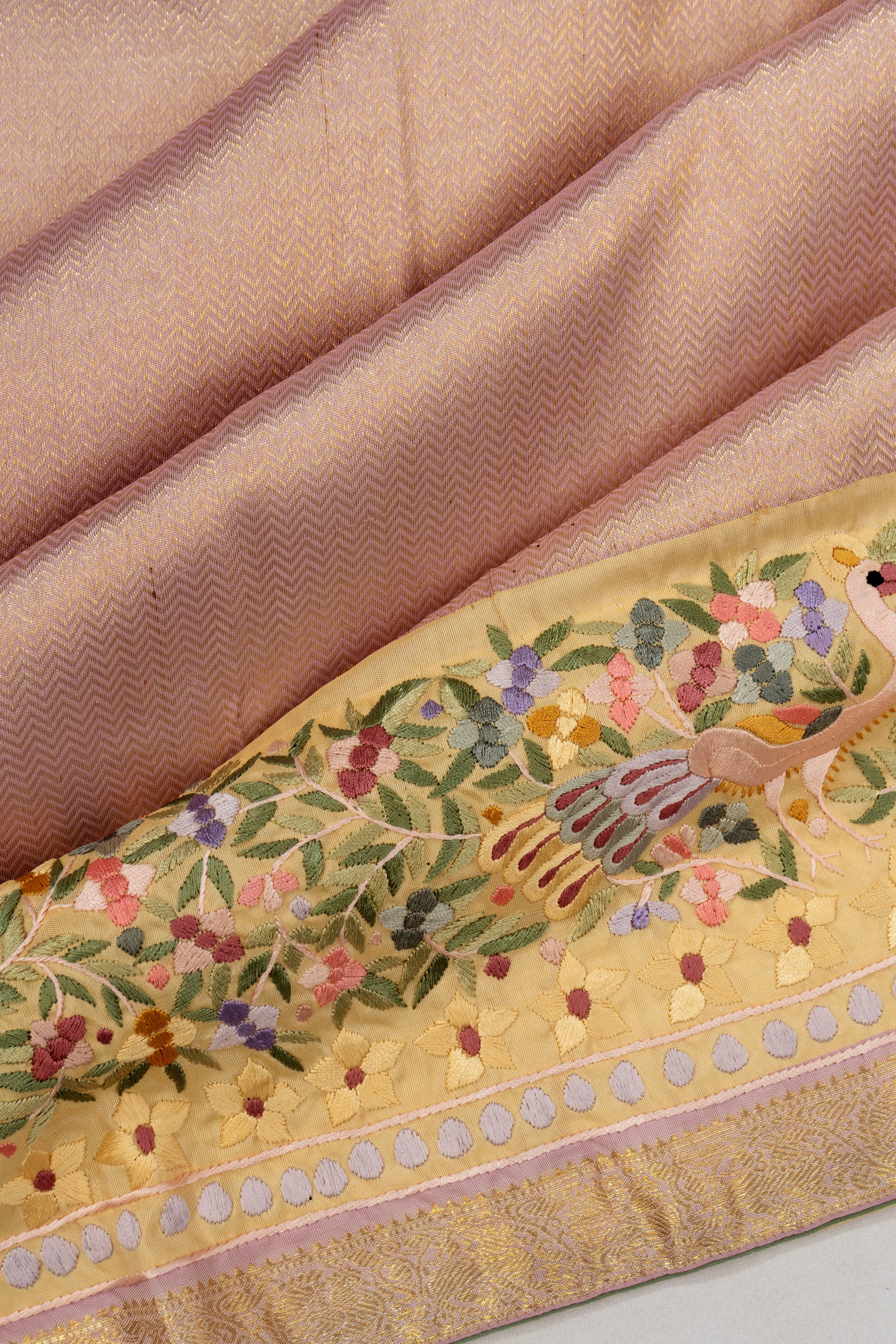 Parsi Gara X Kanchipuram Silk Tissue Brocade Lavender Saree
