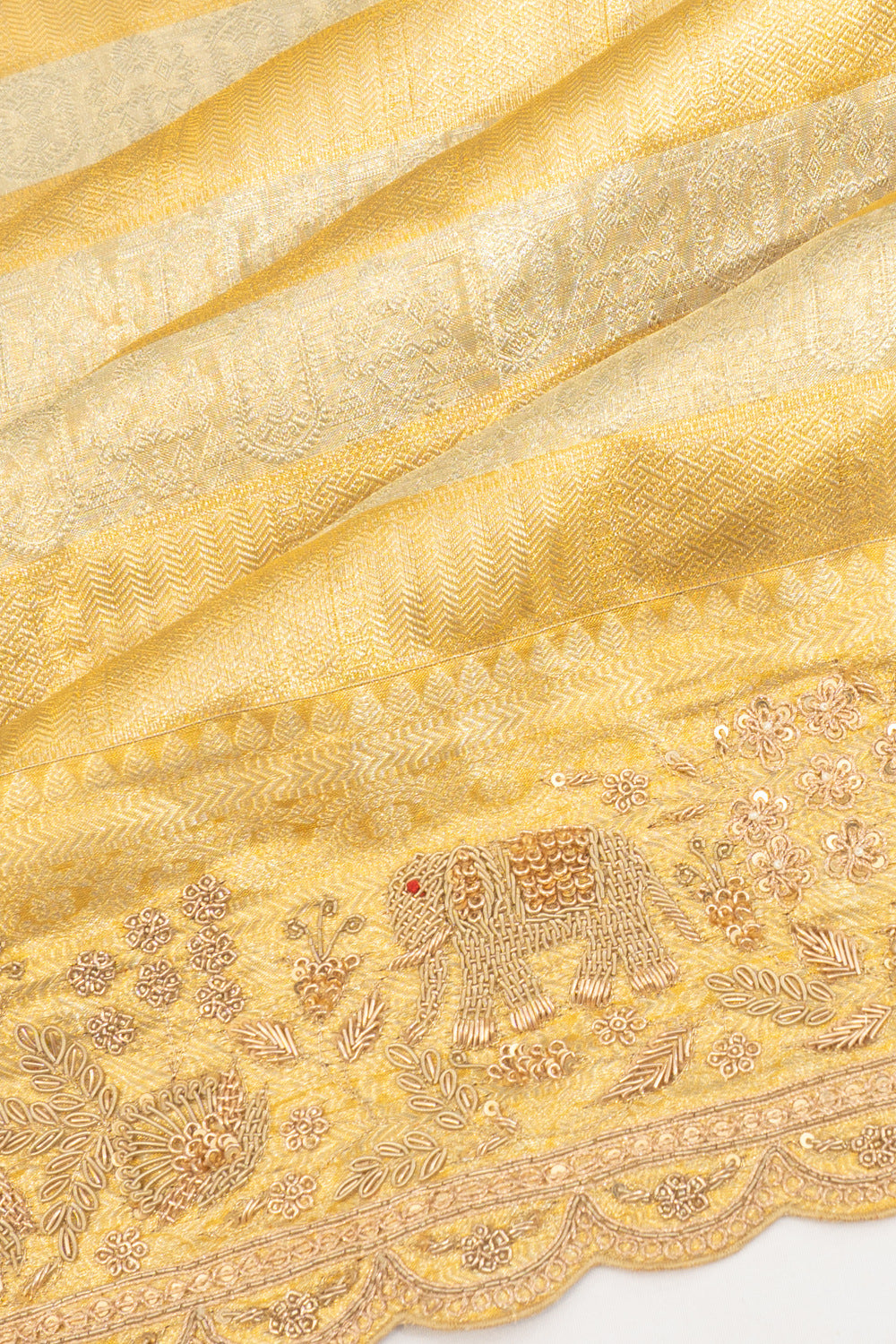 Kanchipuram Silk Tissue Horizontal Lines Gold And Silver Saree With Zardosi Work