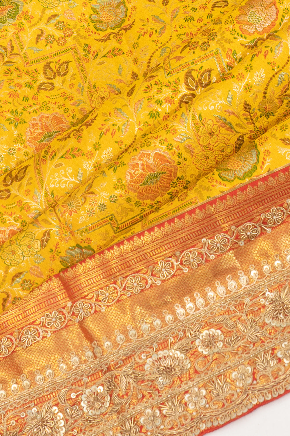Kanchipuram Silk Brocade Yellow Saree With Zardosi Work