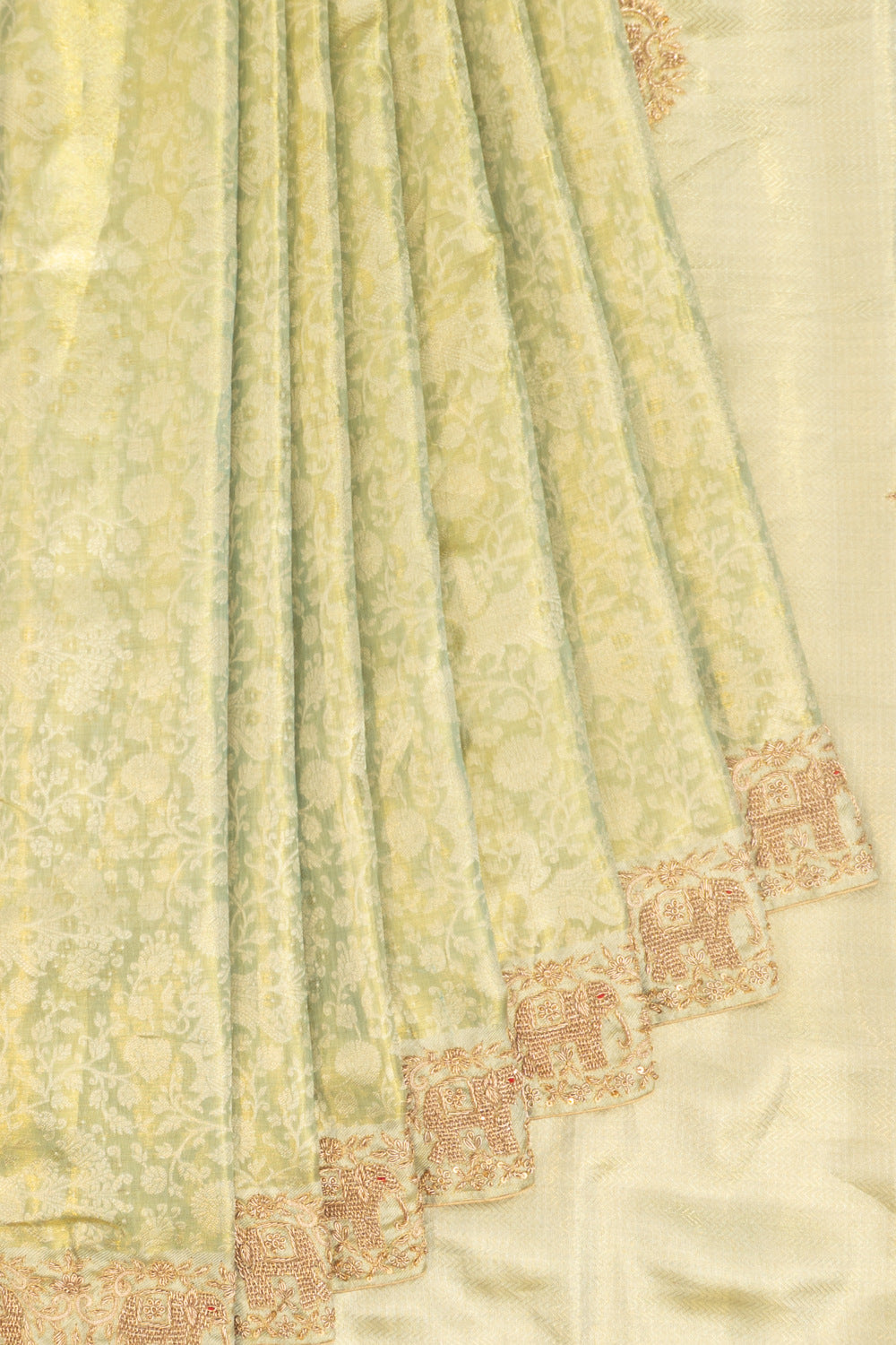 Kanchipuram Silk Tissue Brocade Pastel Green Saree With Zardosi Work Border And Pallu