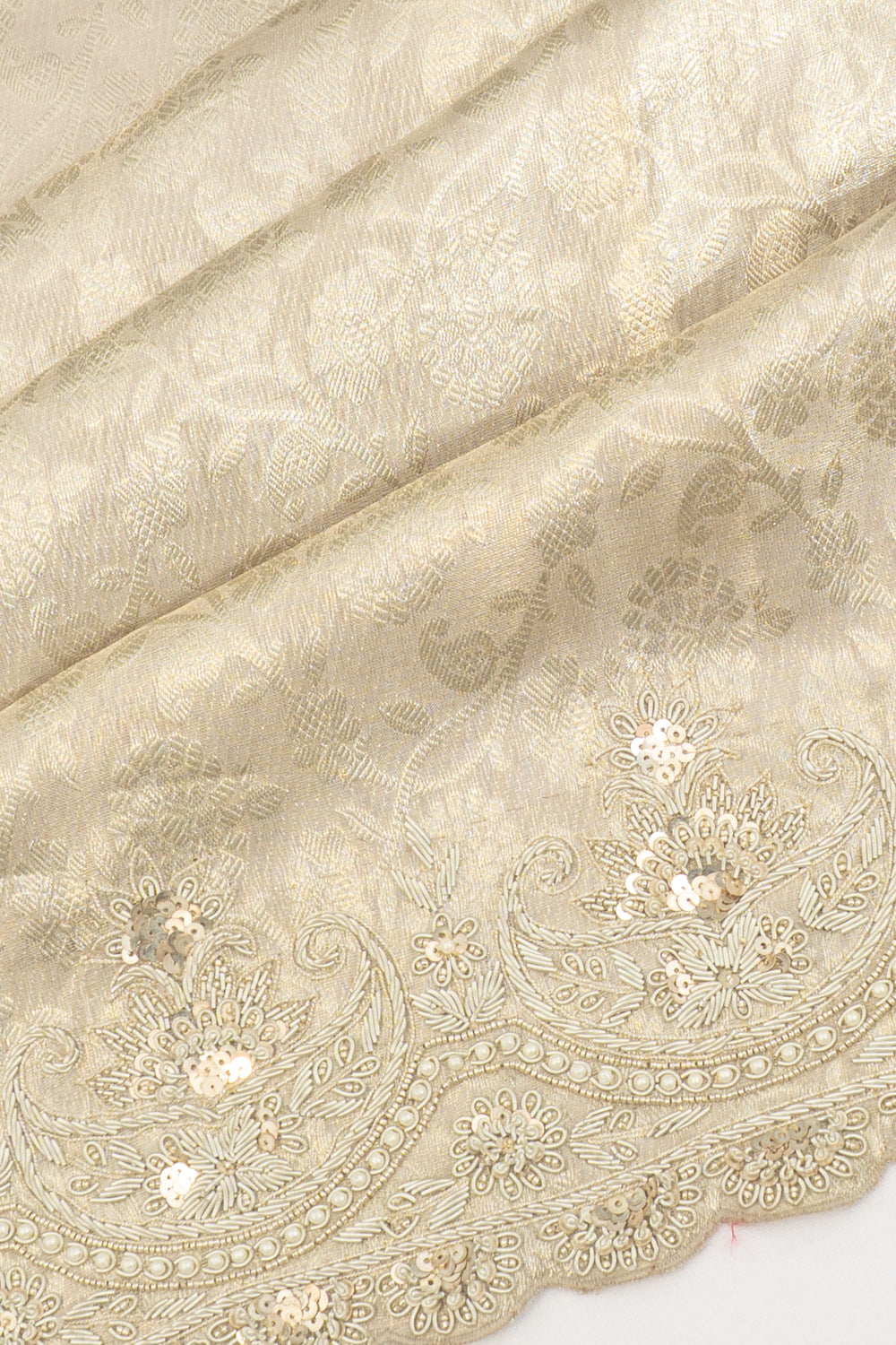 Kanchipuram Silk Tissue Brocade Silver Saree With Zardosi Work