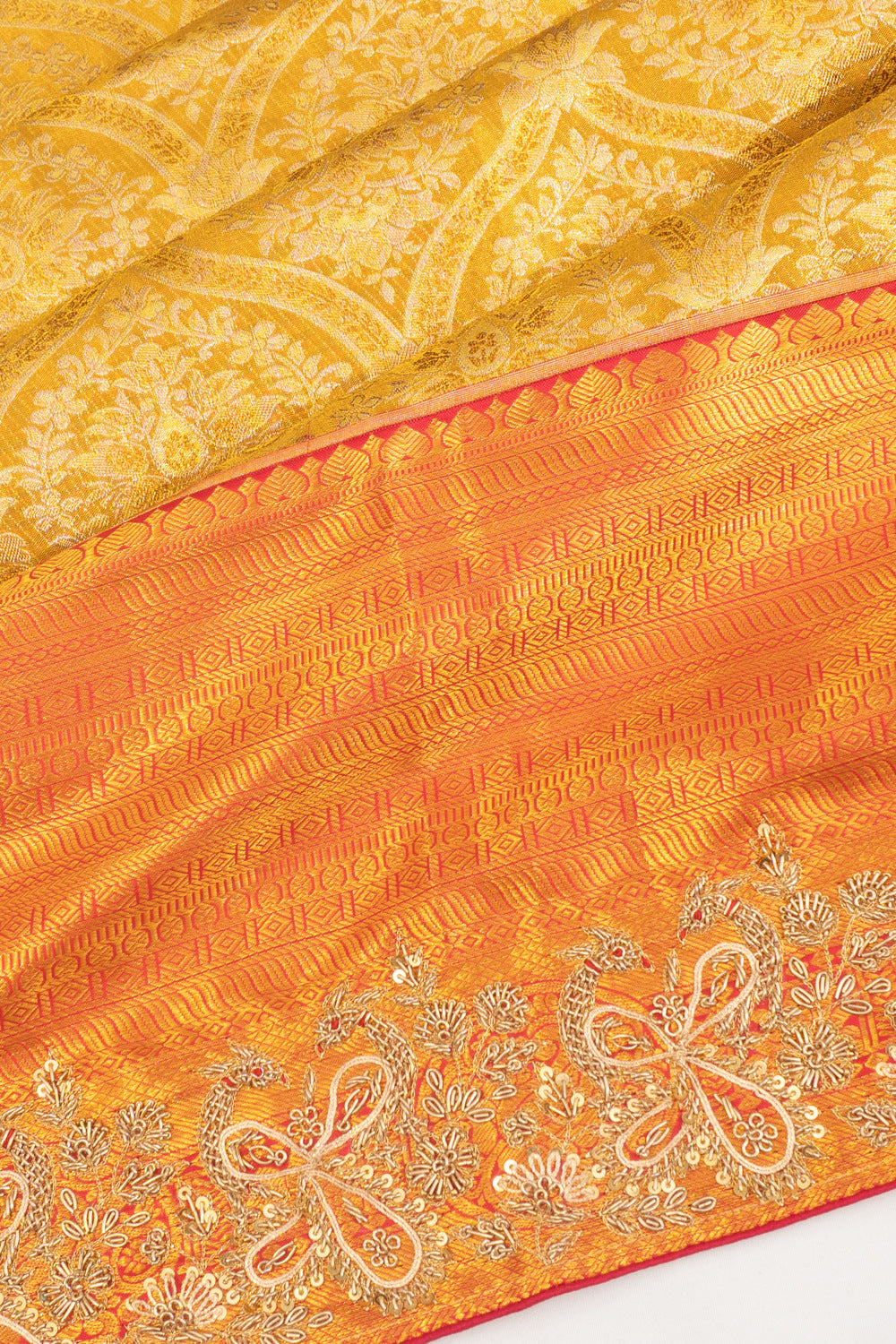 Kanchipuram Silk Tissue Brocade Gold Saree With Zardosi Work