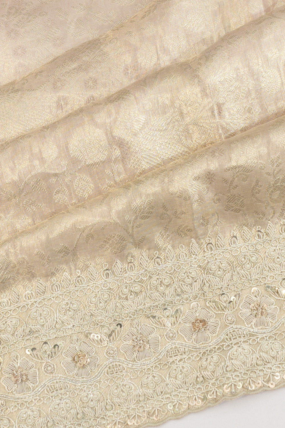 Kanchipuram Silk Tissue Brocade Silver Saree With Zardosi Work