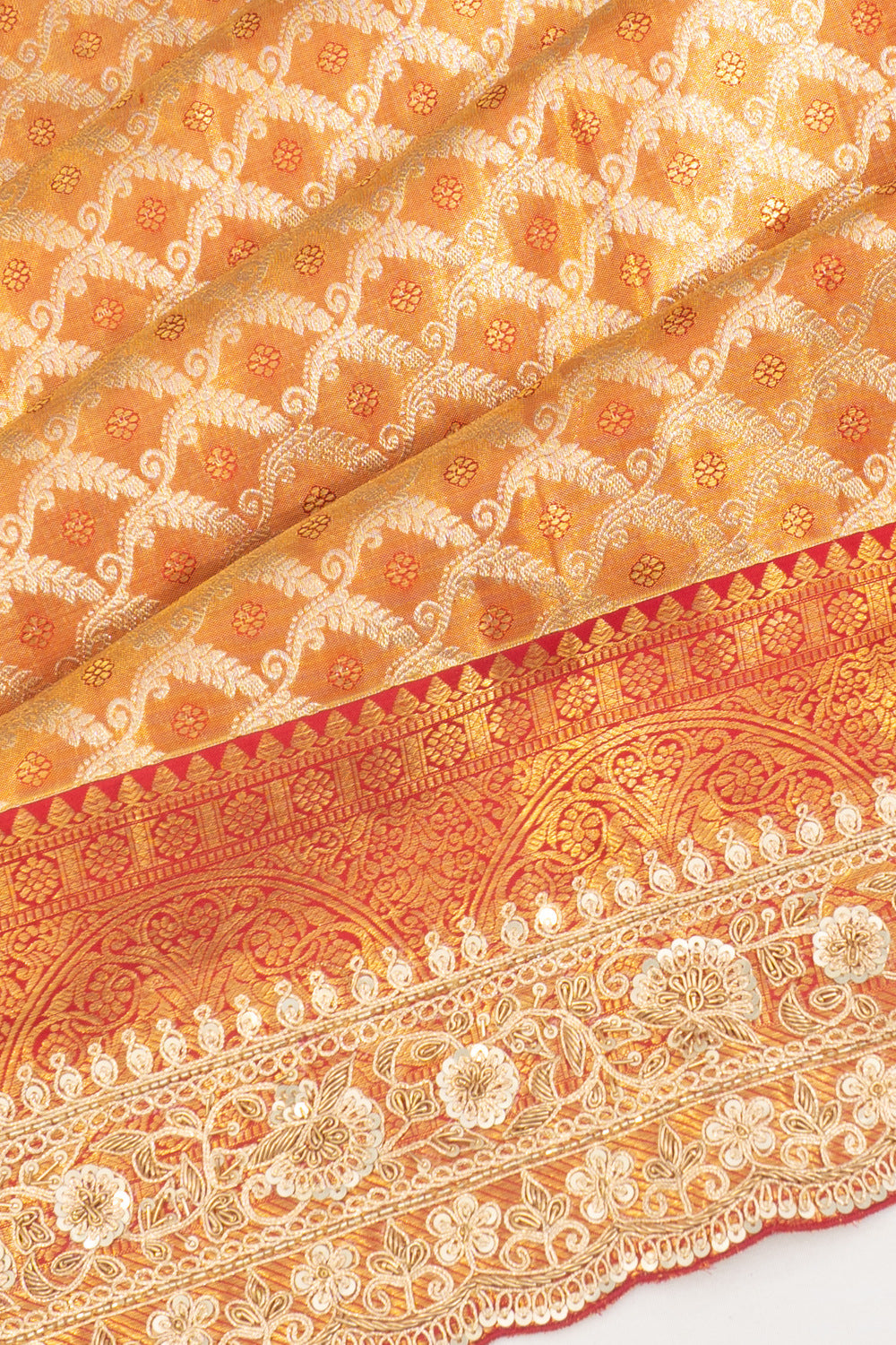 Kanchipuram Silk Tissue Jaal And Butta Orange Saree With Zardosi Work