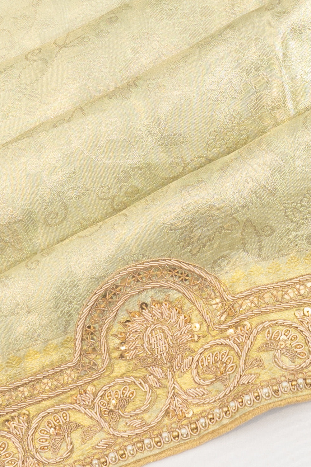 Kanchipuram Silk Tissue Brocade Pastel Green Saree With Zardosi Work