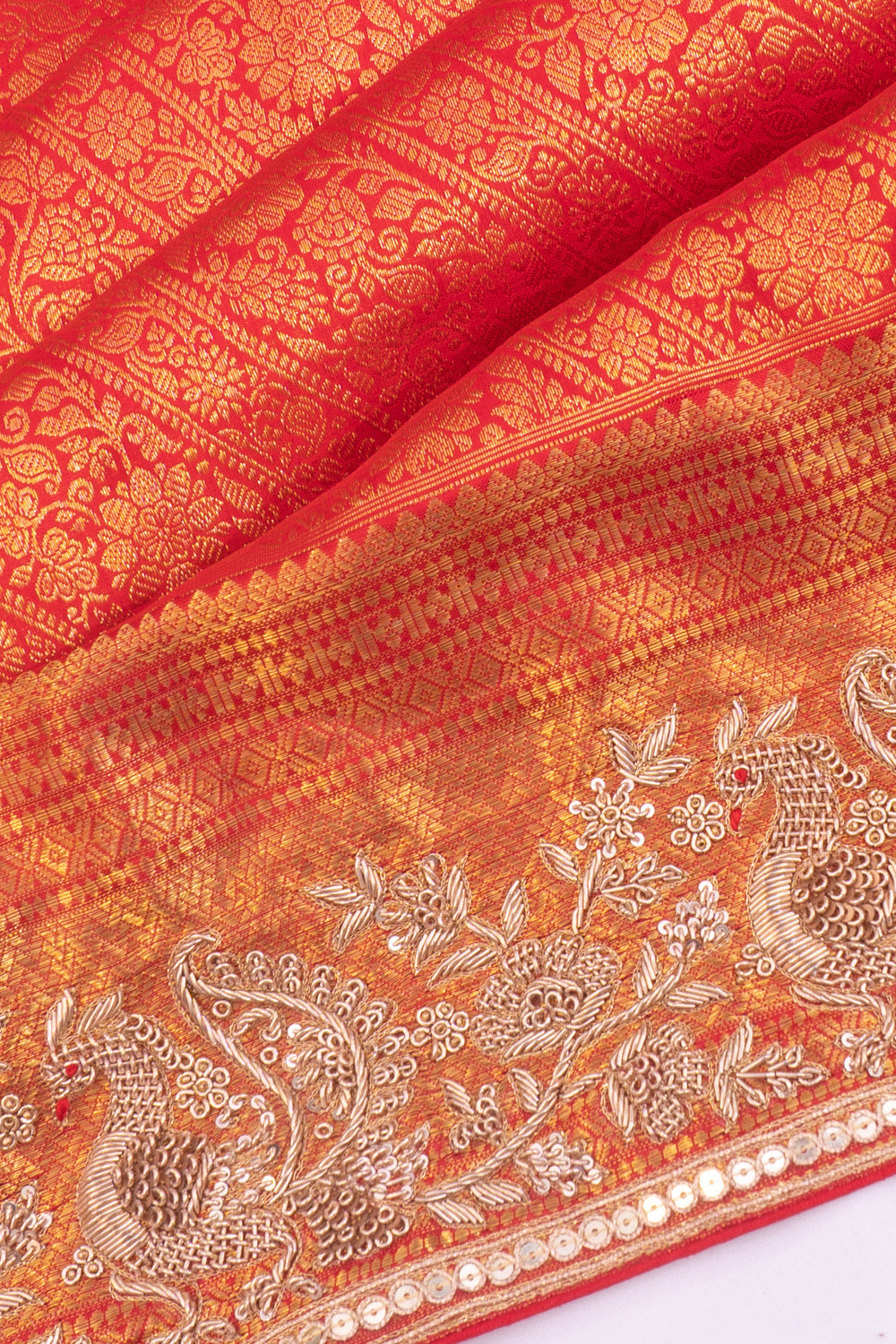 Kanchipuram Silk Tissue Brocade Red Saree With Zardosi Work