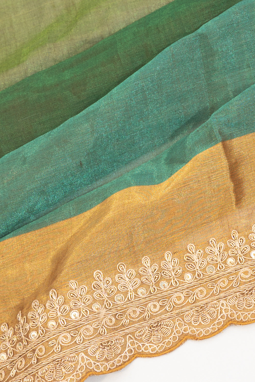 Kanchipuram Silk Tissue Horizontal Lines Green Saree With Zardosi Work