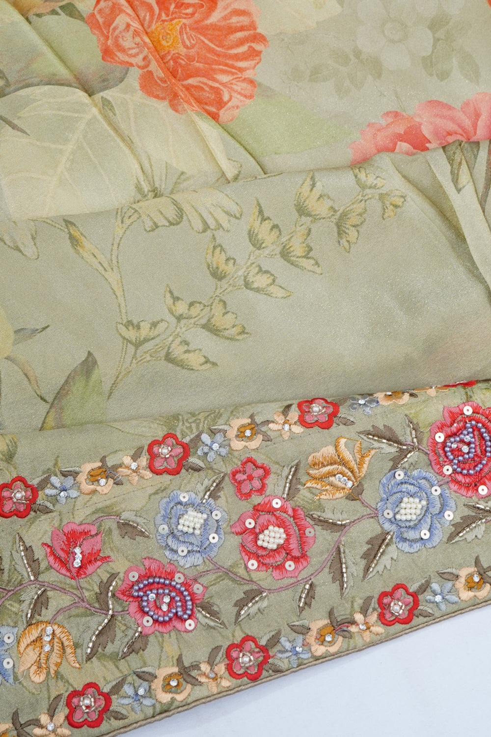 Soft Silk Floral Printed Pista Green Saree