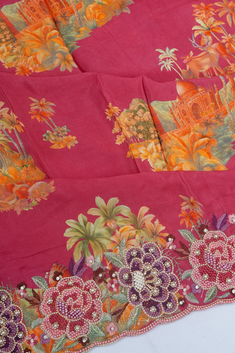 Soft Silk Floral Printed Pink Saree With Scallop Border