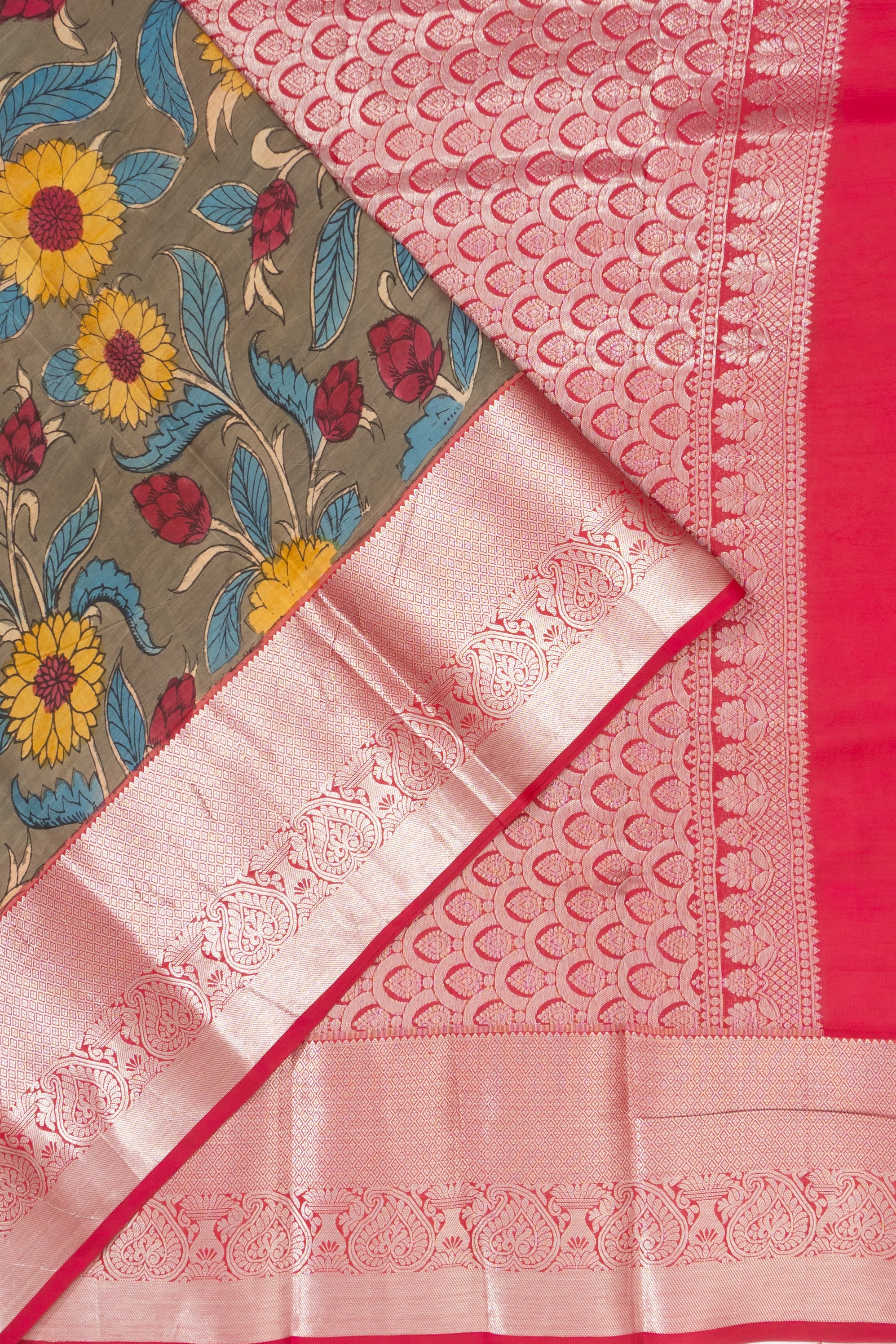 Soft Silk Kalamkari Hand Painted Grey Saree