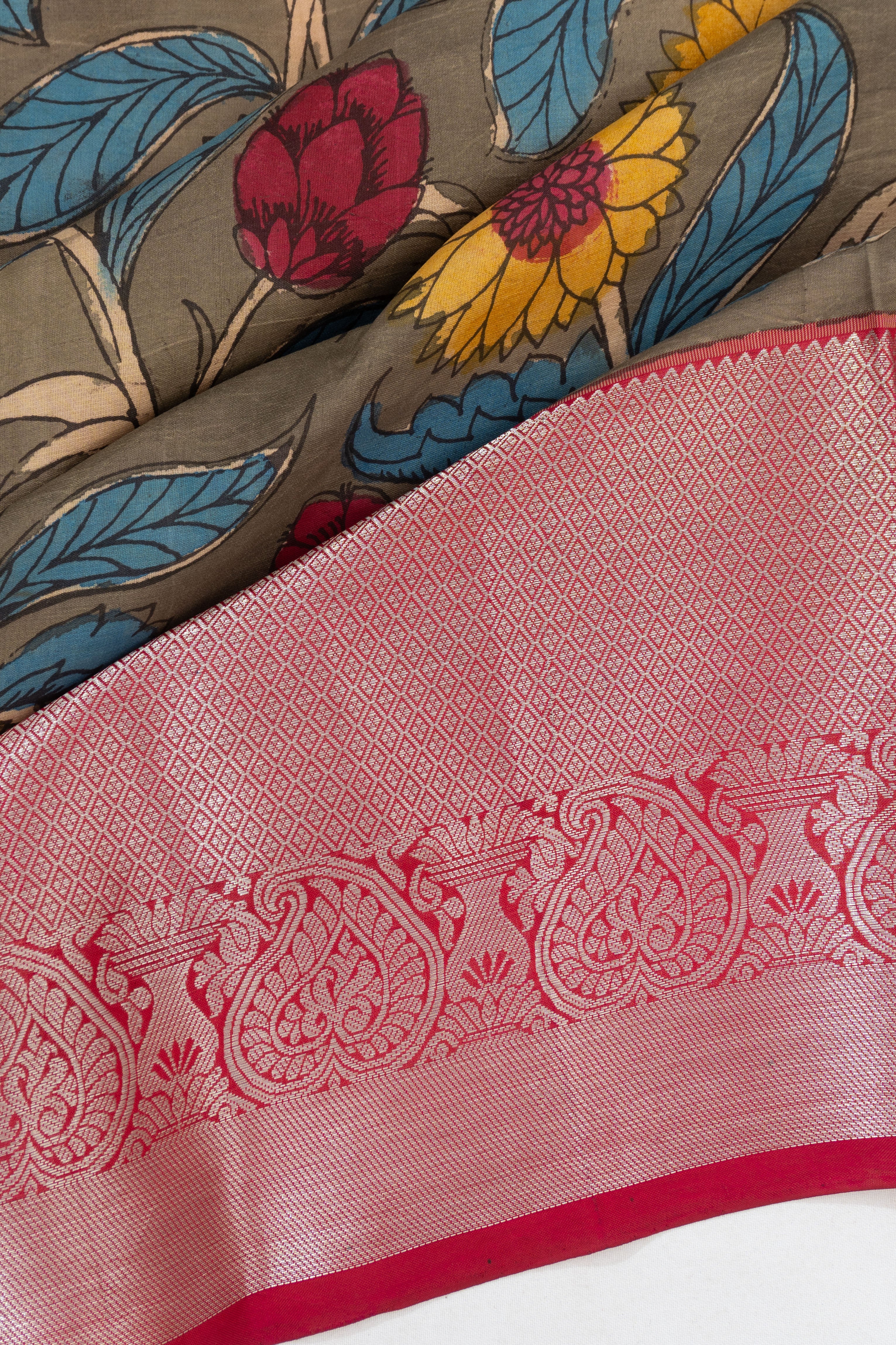 Soft Silk Kalamkari Hand Painted Grey Saree