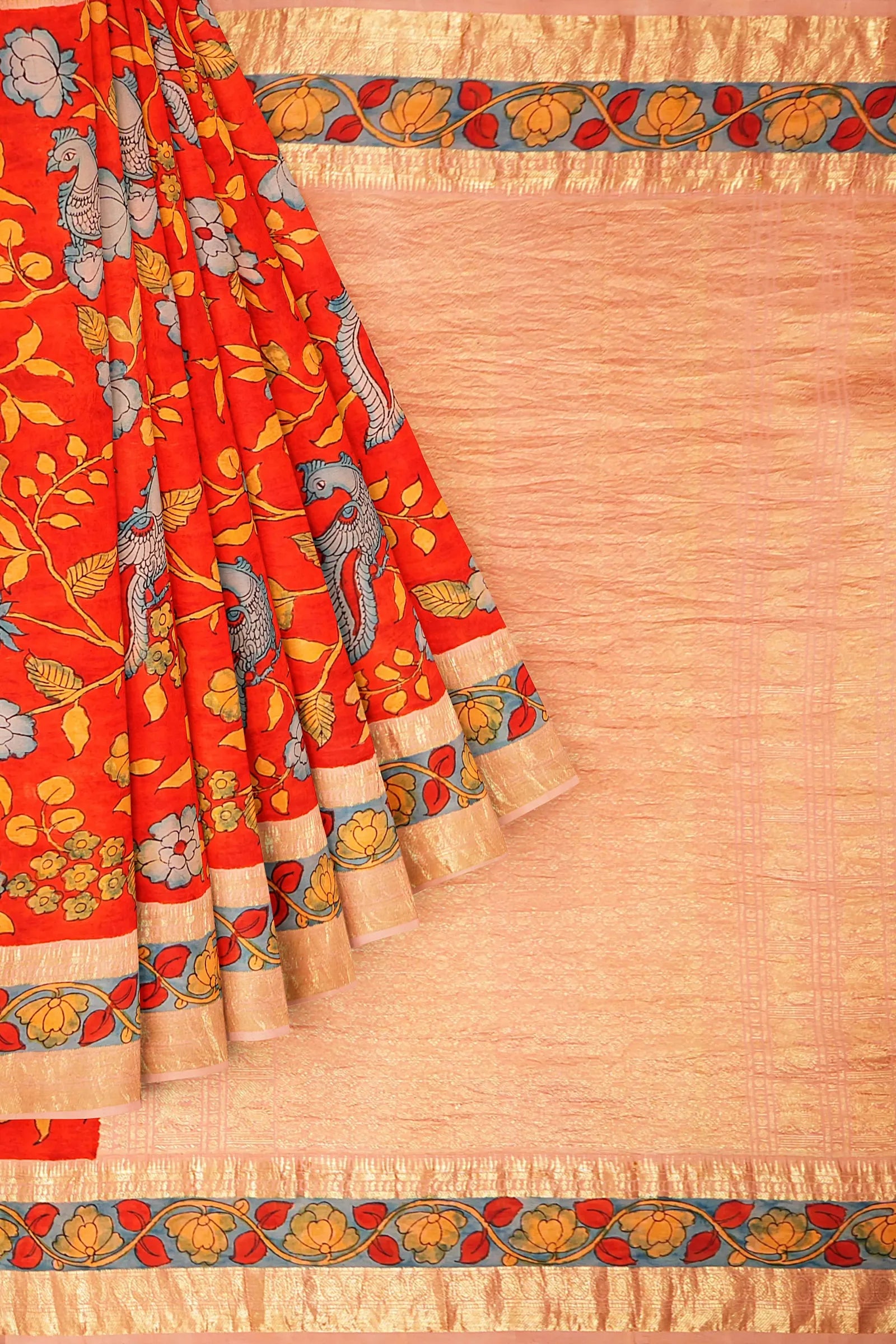 Kanchipuram Silk Kalamkari Hand Painted Red Saree