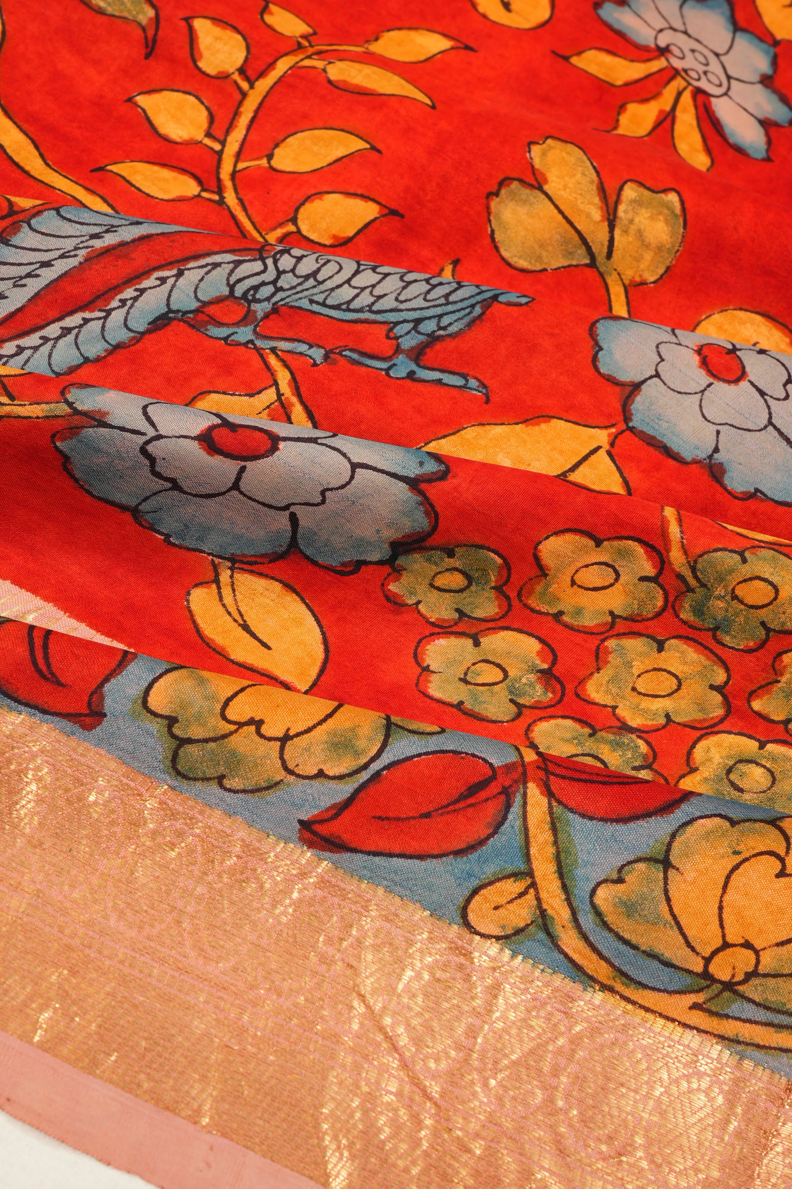 Kanchipuram Silk Kalamkari Hand Painted Red Saree